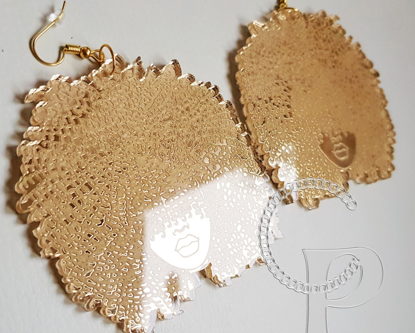 African earrings gold mirror Afro silhouette woman acrylic engraved natural hair coils glasses