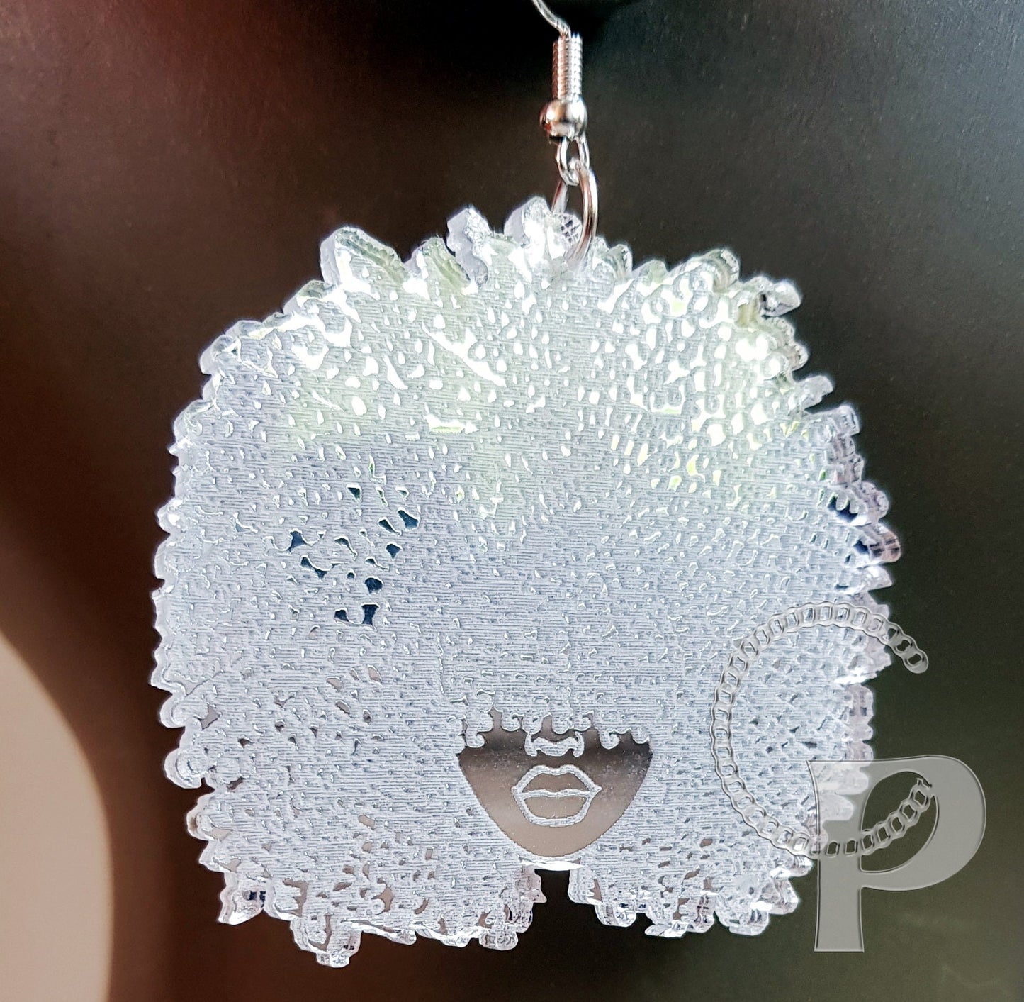 African earrings gold mirror Afro silhouette woman acrylic engraved natural hair coils glasses