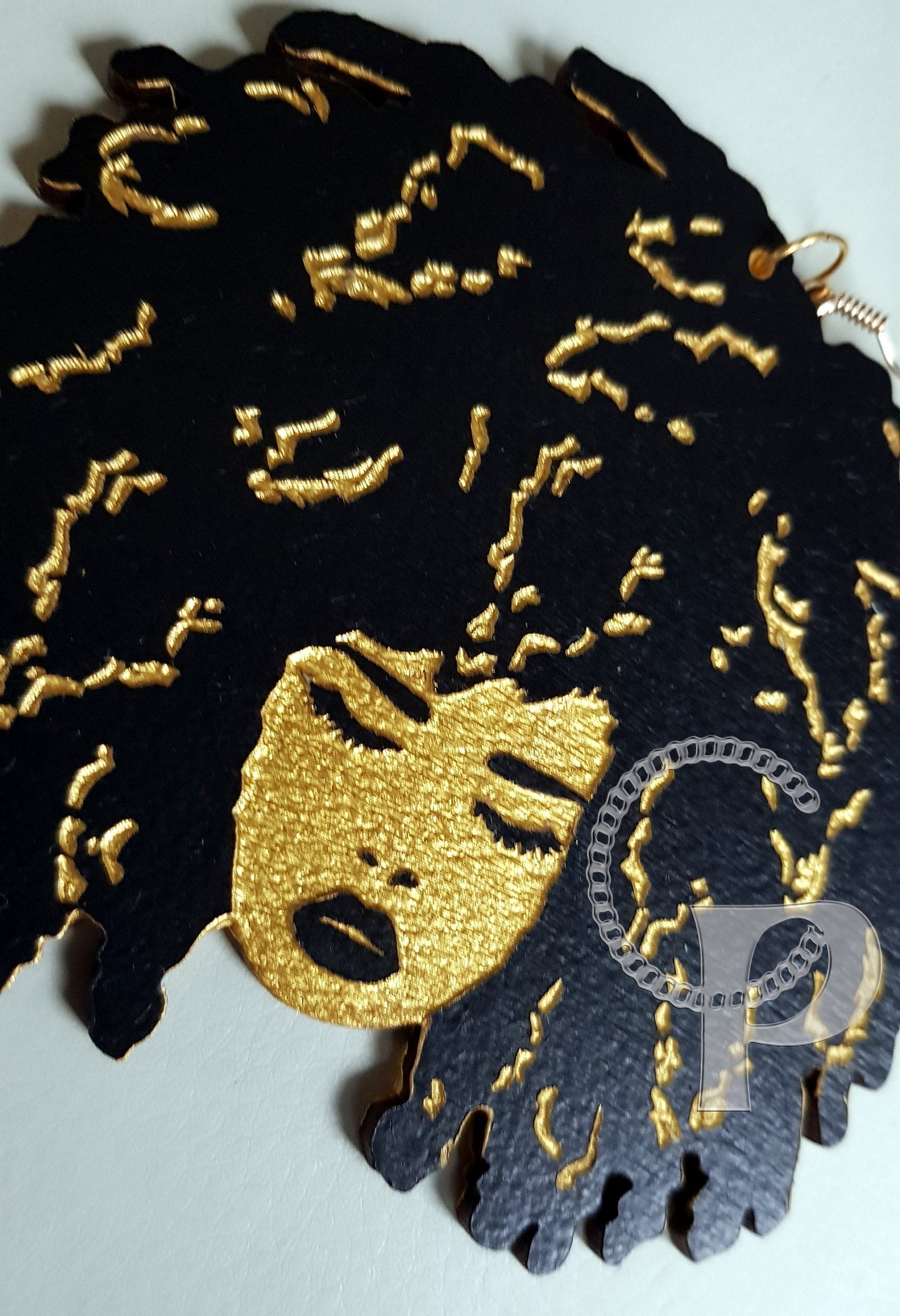 African woman Afro silhouette wooden engraved natural hair earrings black and gold