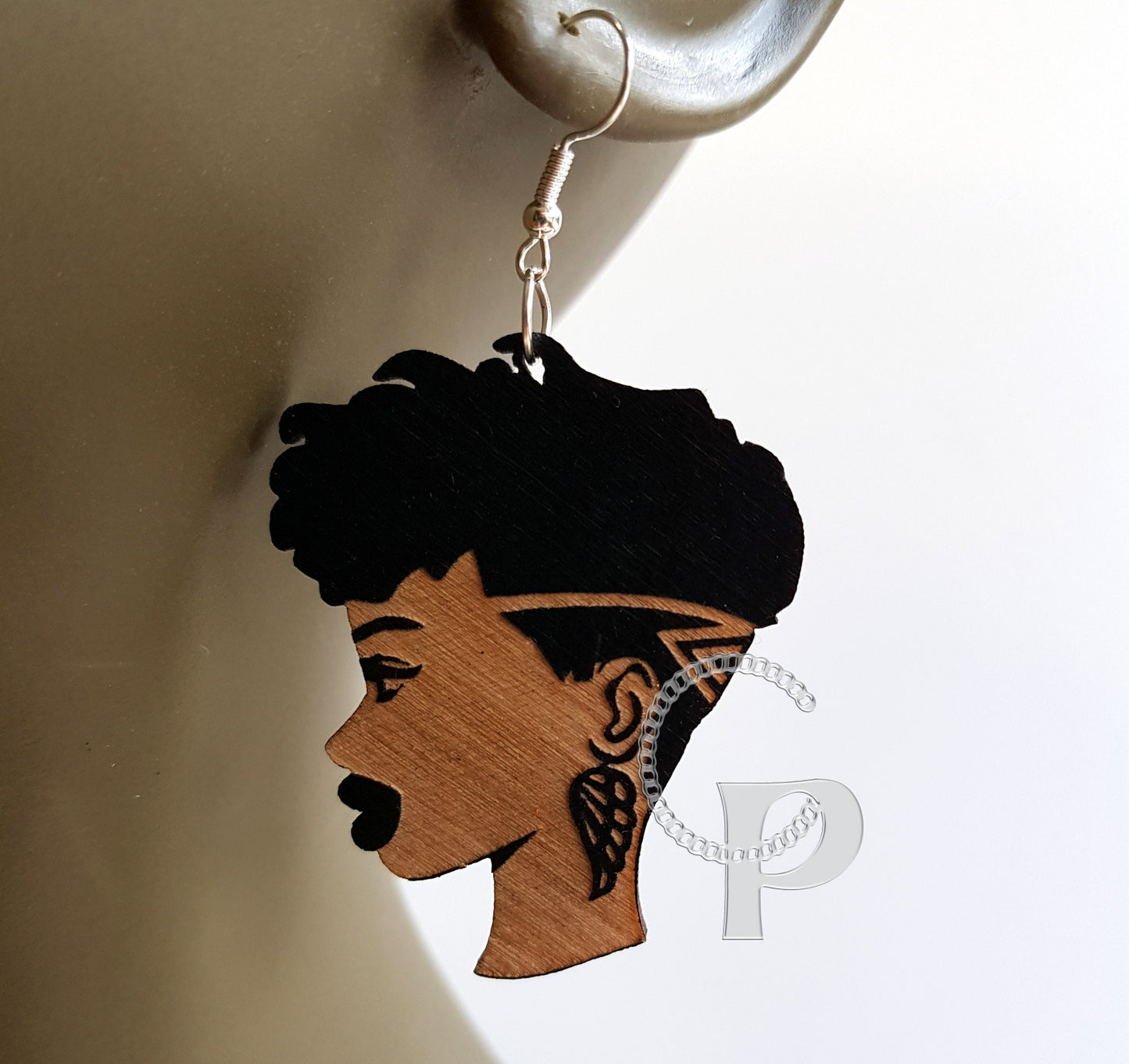 African earrings woman Afro silhouette wooden natural hair short undercut earrings black