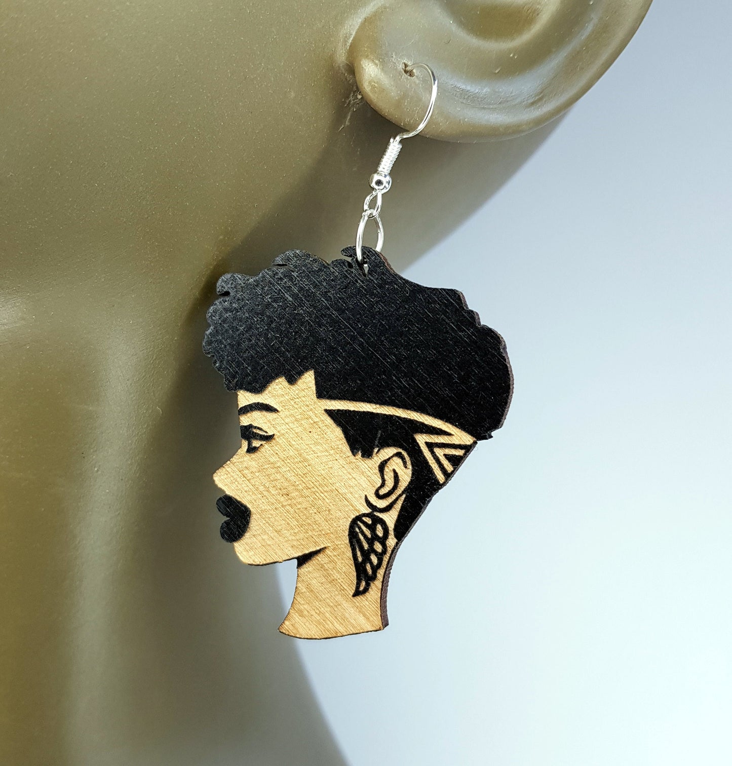 African earrings woman Afro silhouette wooden natural hair short undercut earrings black