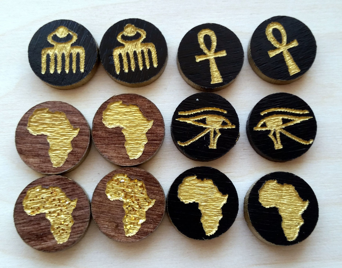 Small wooden stud earrings etched Africa, Duafe, GyeNyame, Ankh black and gold, wood studs