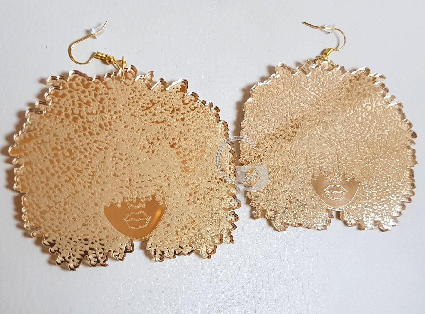 African earrings gold mirror Afro silhouette woman acrylic engraved natural hair coils glasses
