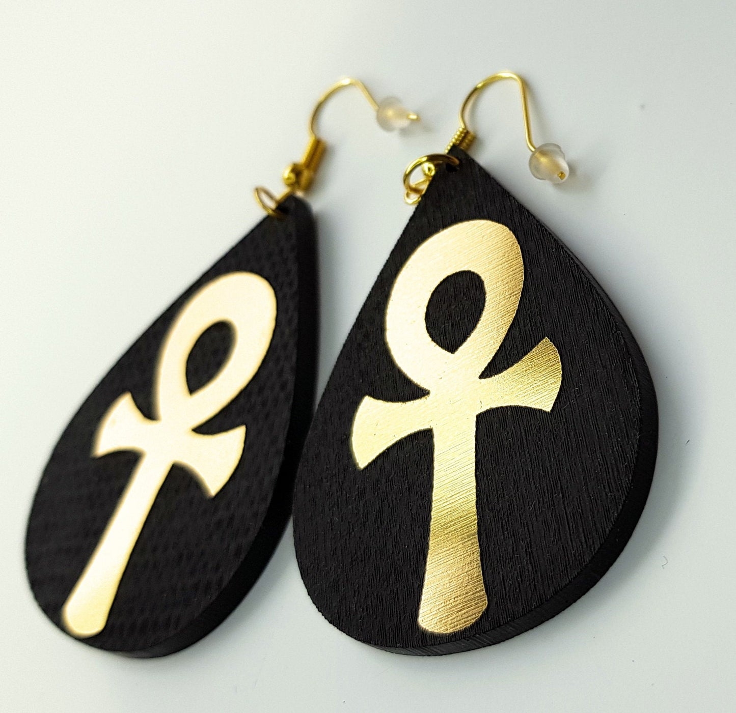 Ankh earrings acrylic teardrops with metallic look gold and black