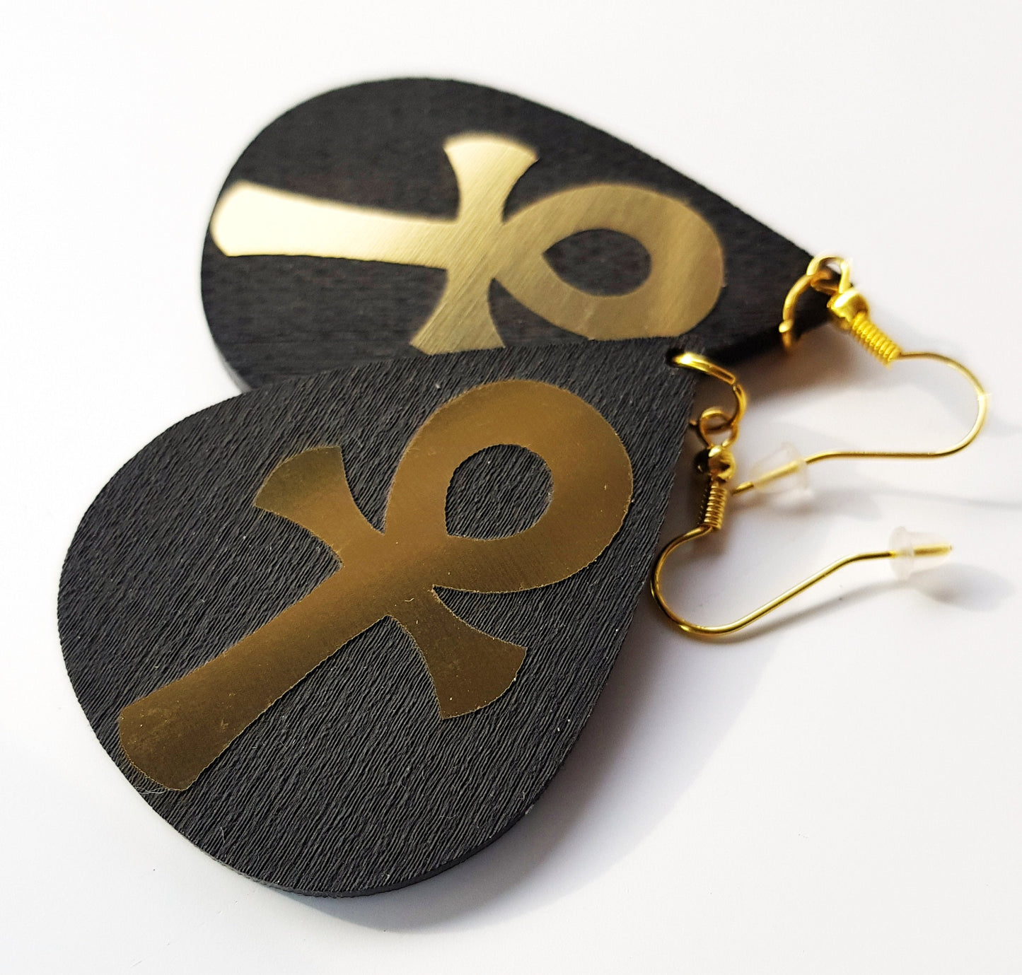 Ankh earrings acrylic teardrops with metallic look gold and black