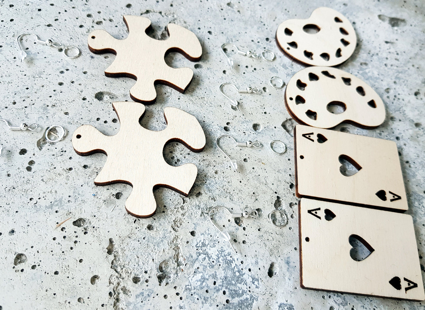 3 pairs of earrings wooden DIY in a choice of sizes jigsaw puzzle, art palltte, ace of heart