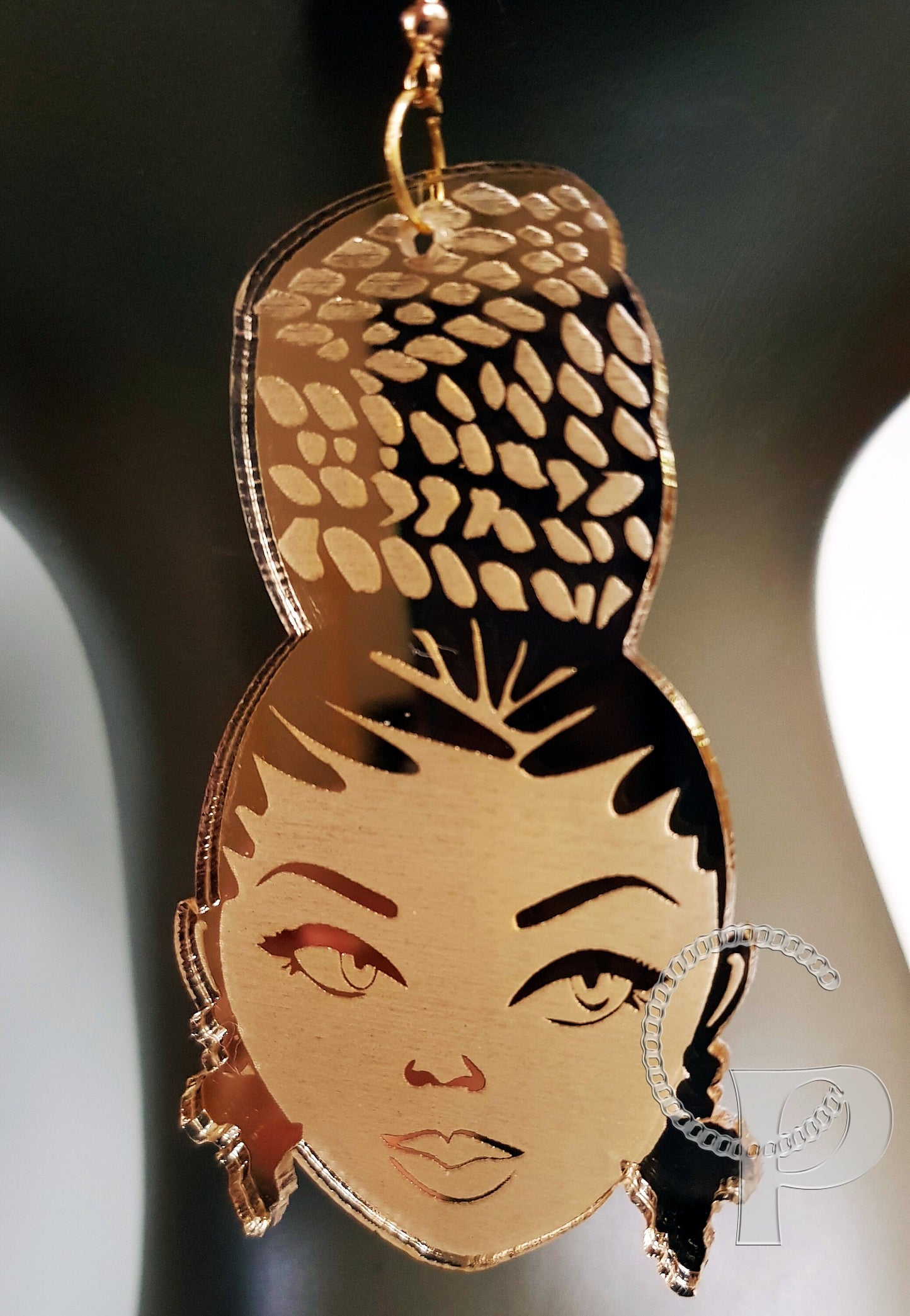 African earrings gold mirror Afro silhouette woman acrylic engraved natural hair crown
