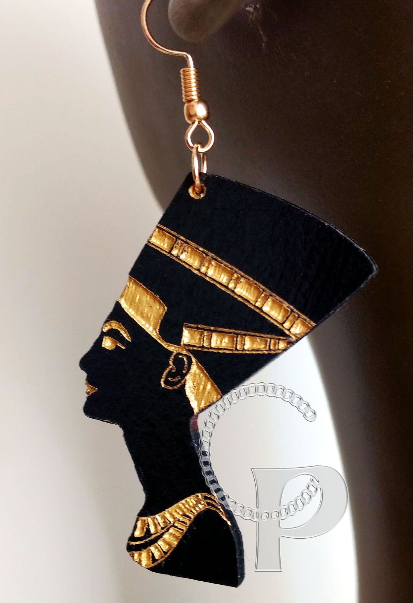 Wooden earrings African Nefertiti Queen head wrap silhouette engraved black and gold
