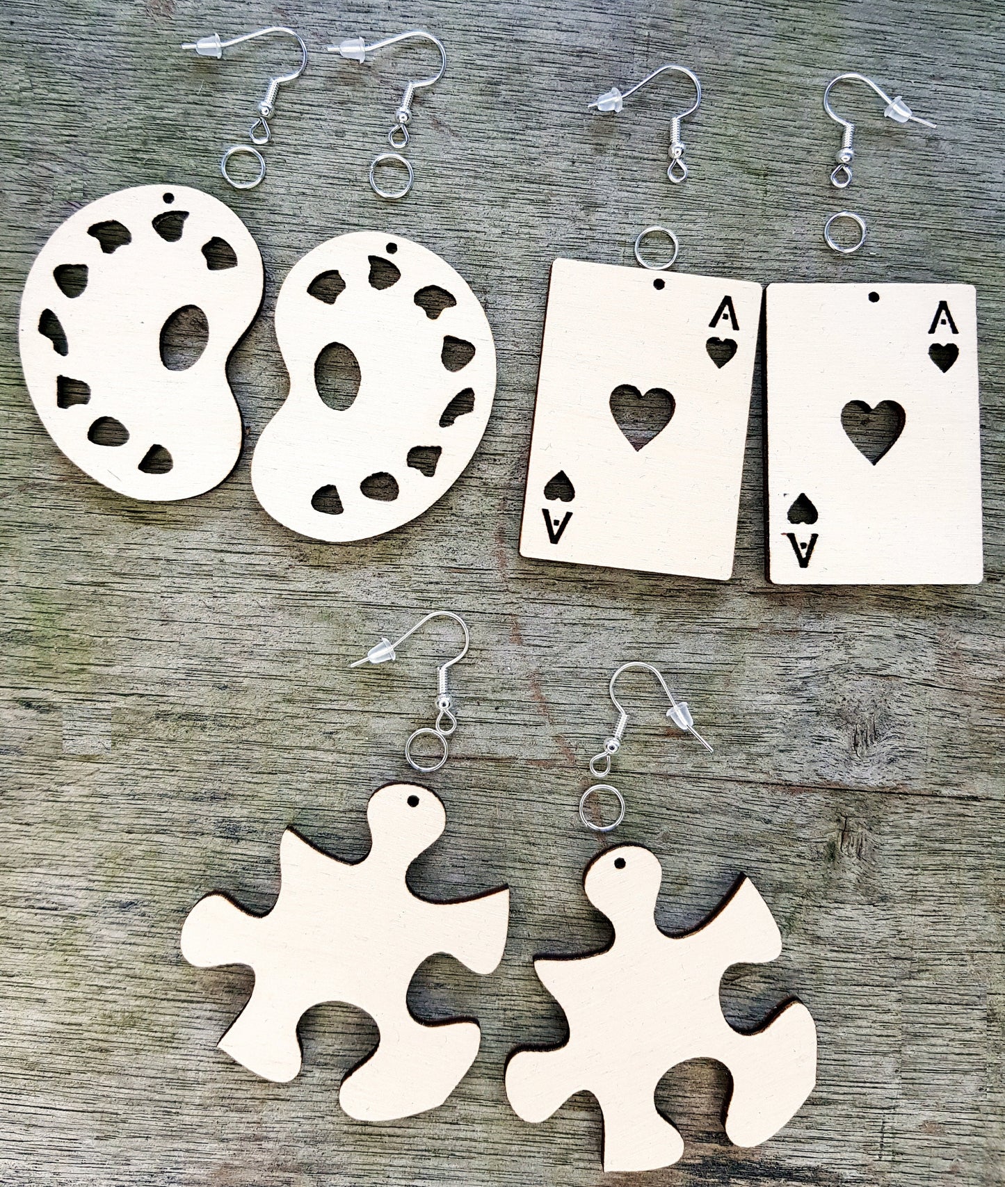 3 pairs of earrings wooden DIY in a choice of sizes jigsaw puzzle, art palltte, ace of heart