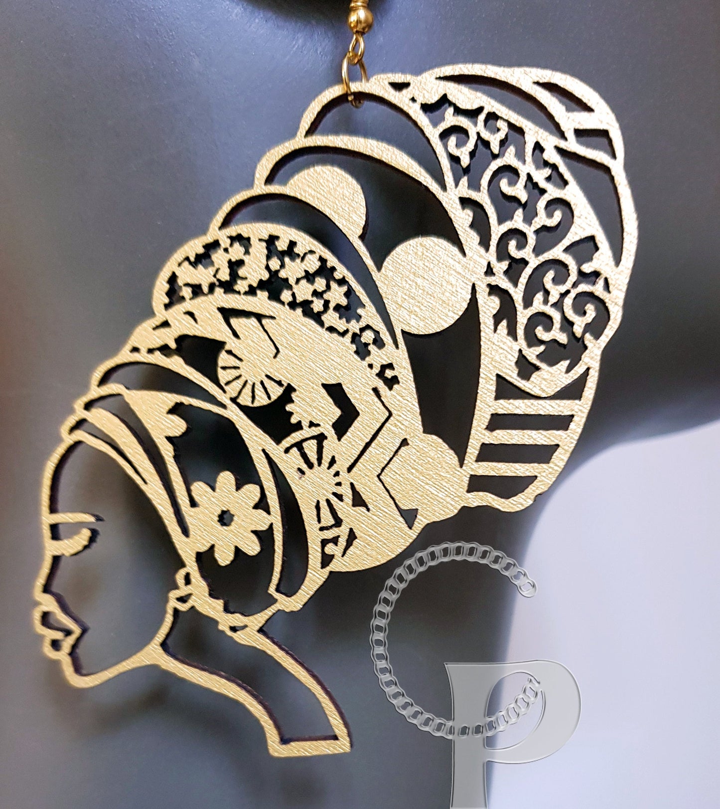 African earrings woman head wrap silhouette gold wood