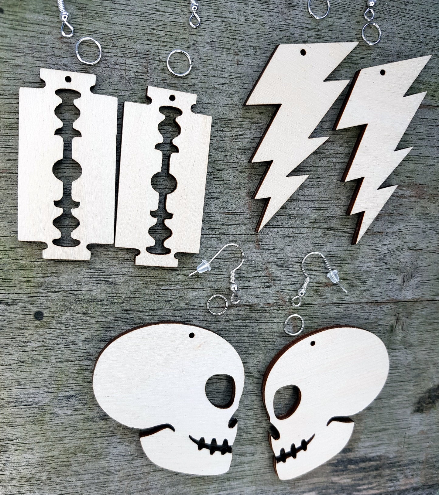 3 pairs of earrings kit wooden DIY feathers lightning, skull, razor blade