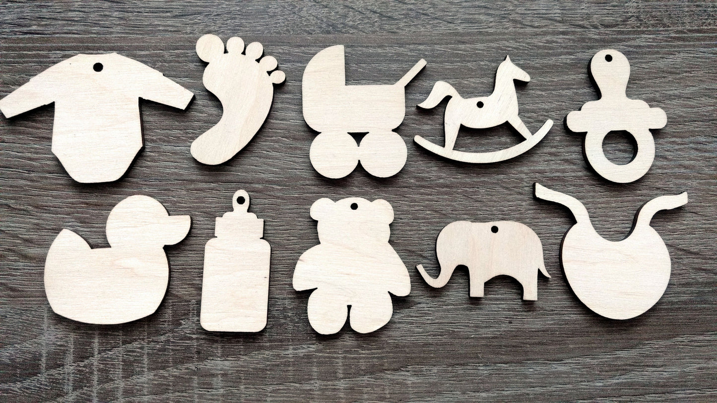 Wooden shapes baby items cut outs wood crafts decoration DIY decor