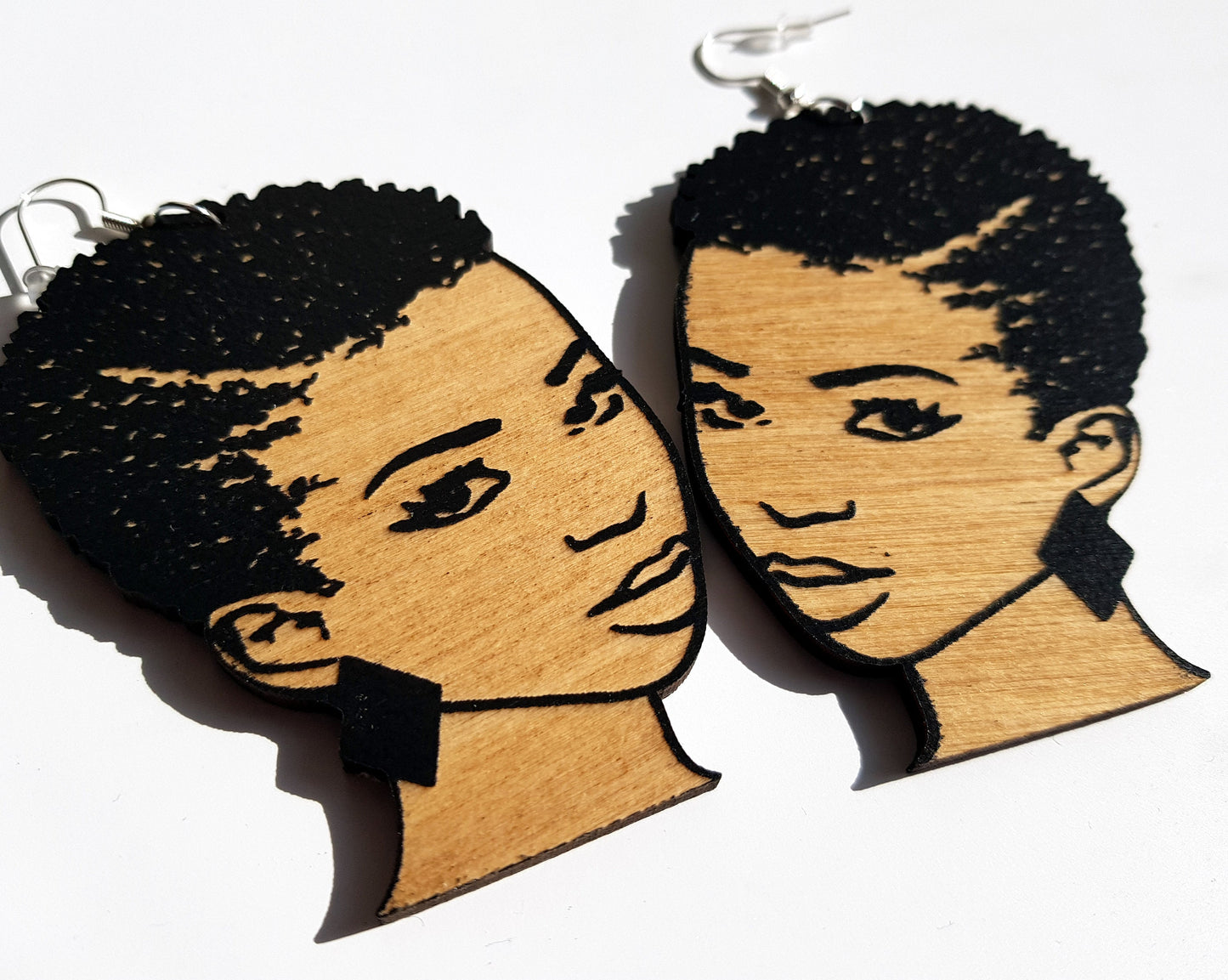 African woman Afro silhouette wooden engraved natural hair coils TWA earrings black