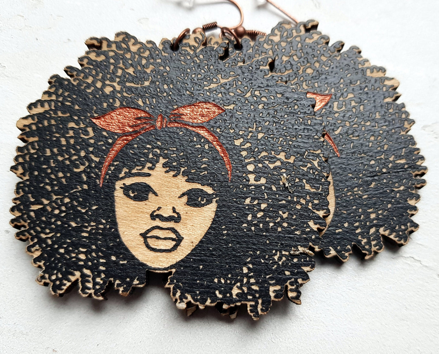 African earrings woman Afro silhouette wooden engraved natural hair girl with a bow colors