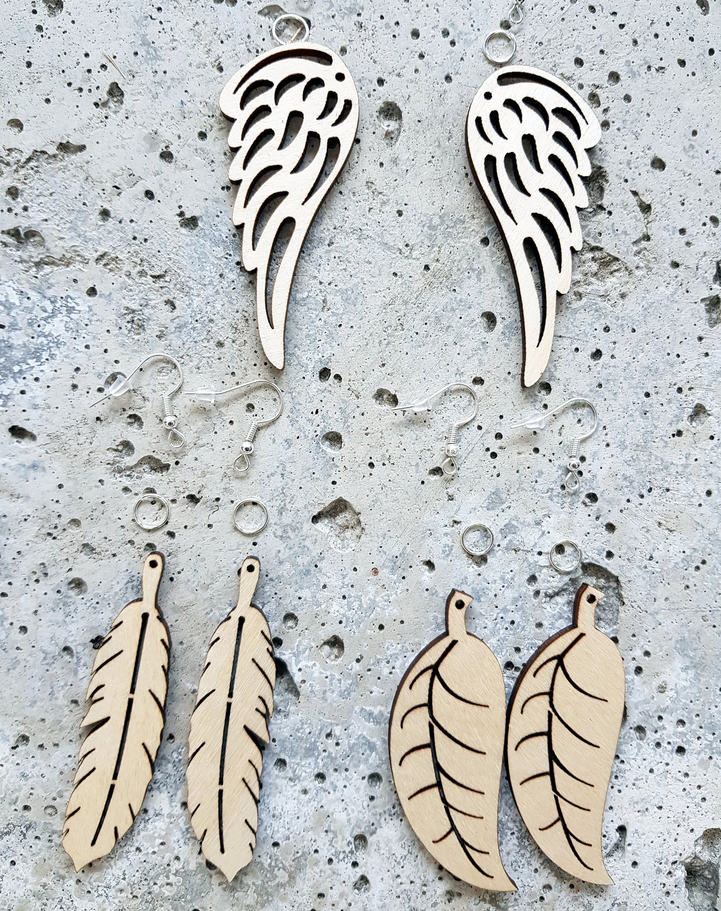 3 pairs of earrings kit wooden DIY feathers wings