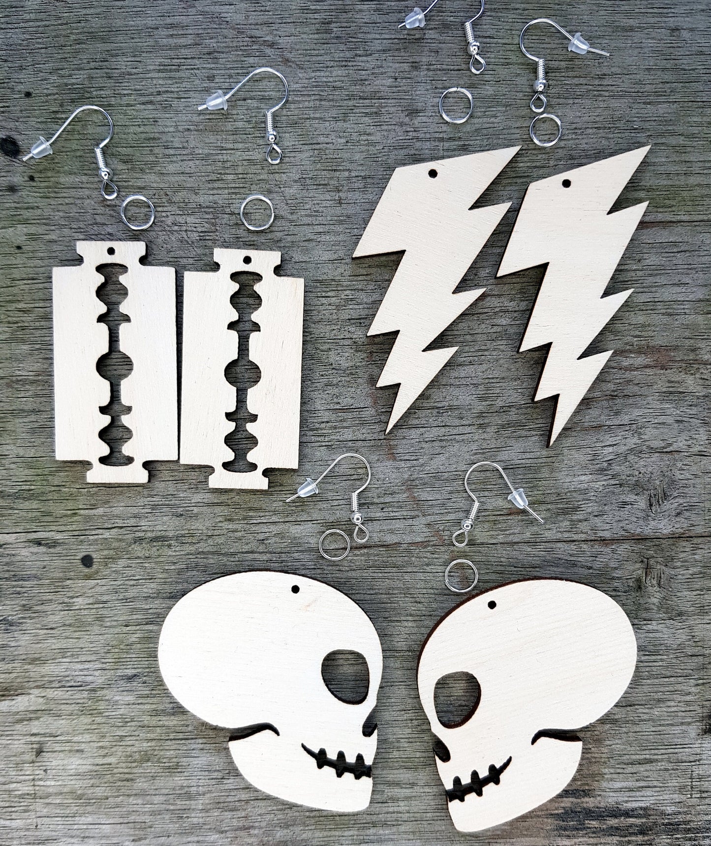 3 pairs of earrings kit wooden DIY feathers lightning, skull, razor blade