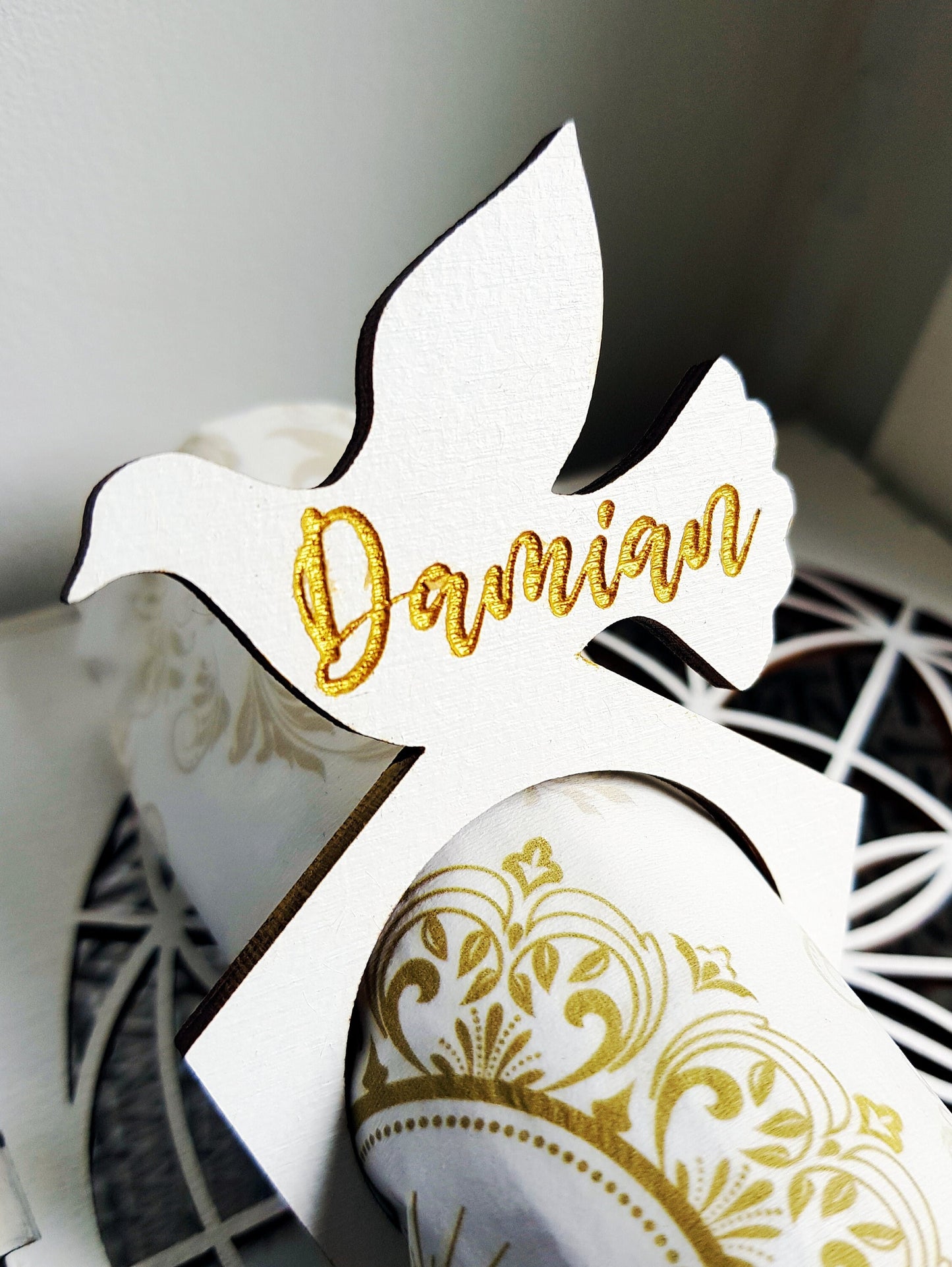 10 Wooden napkin rings name place cards white dove personalized