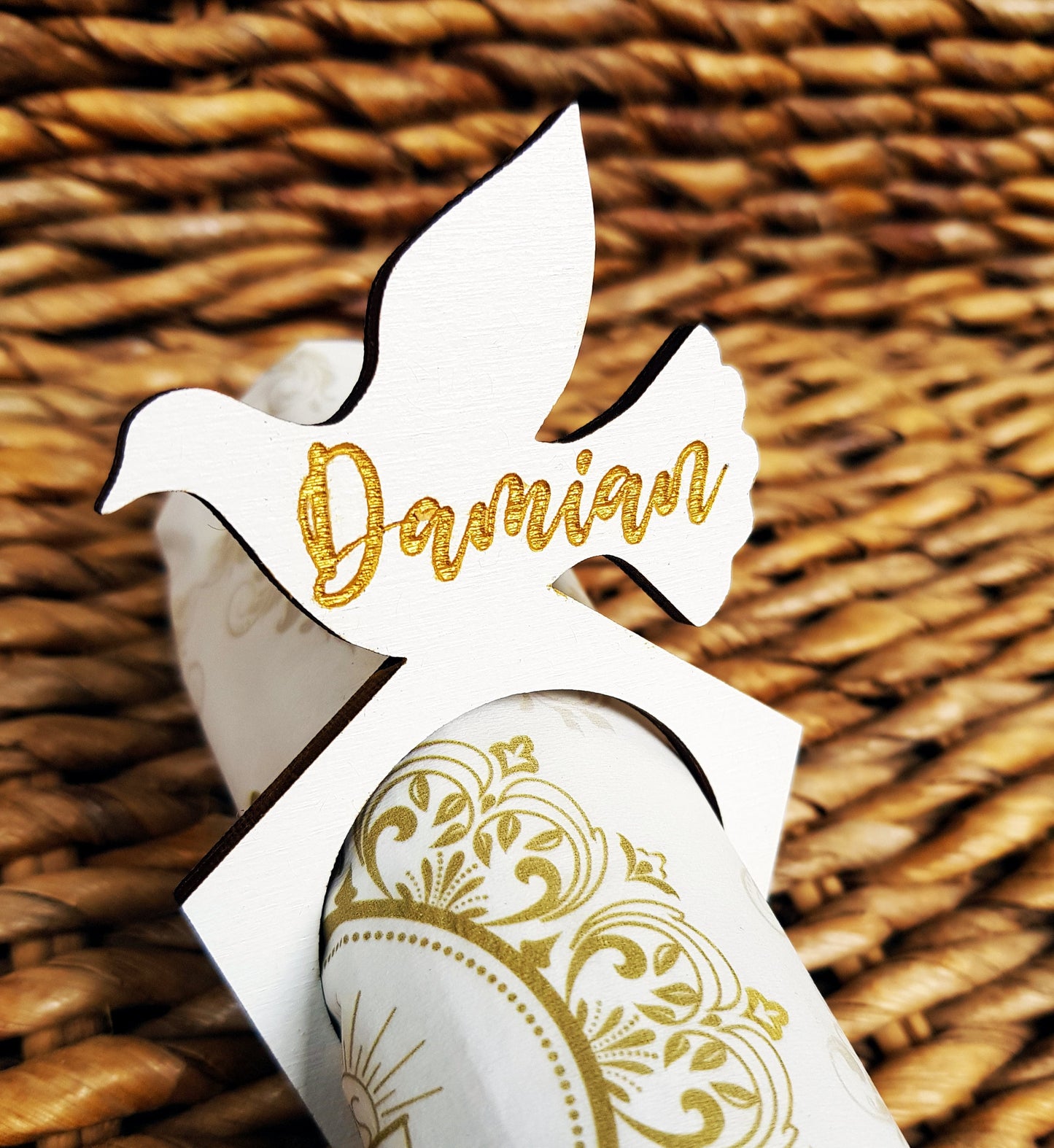 10 Wooden napkin rings name place cards white dove personalized