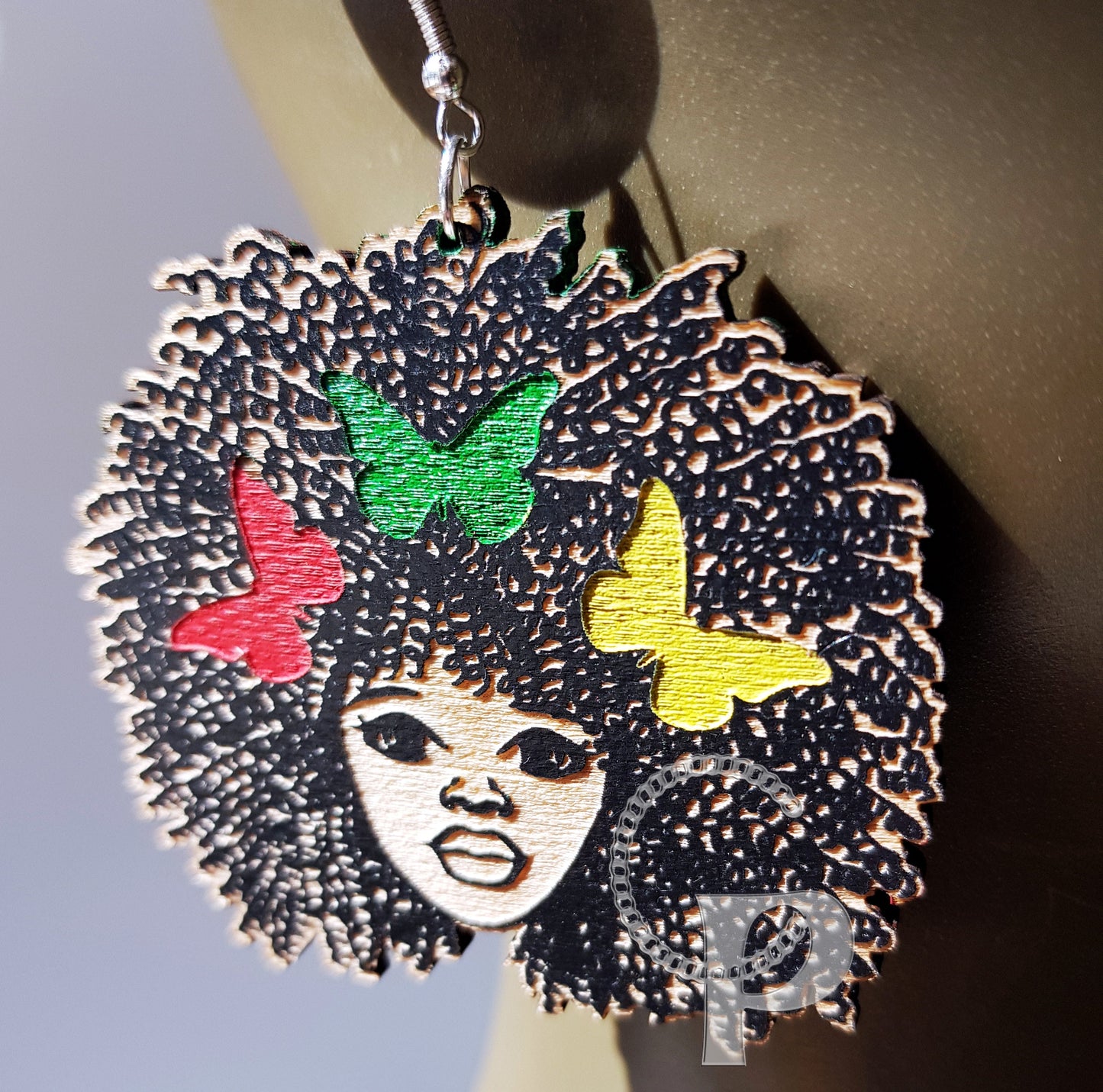 African earrings Afro woman with Juneteenth colors butterflies natural hair coils