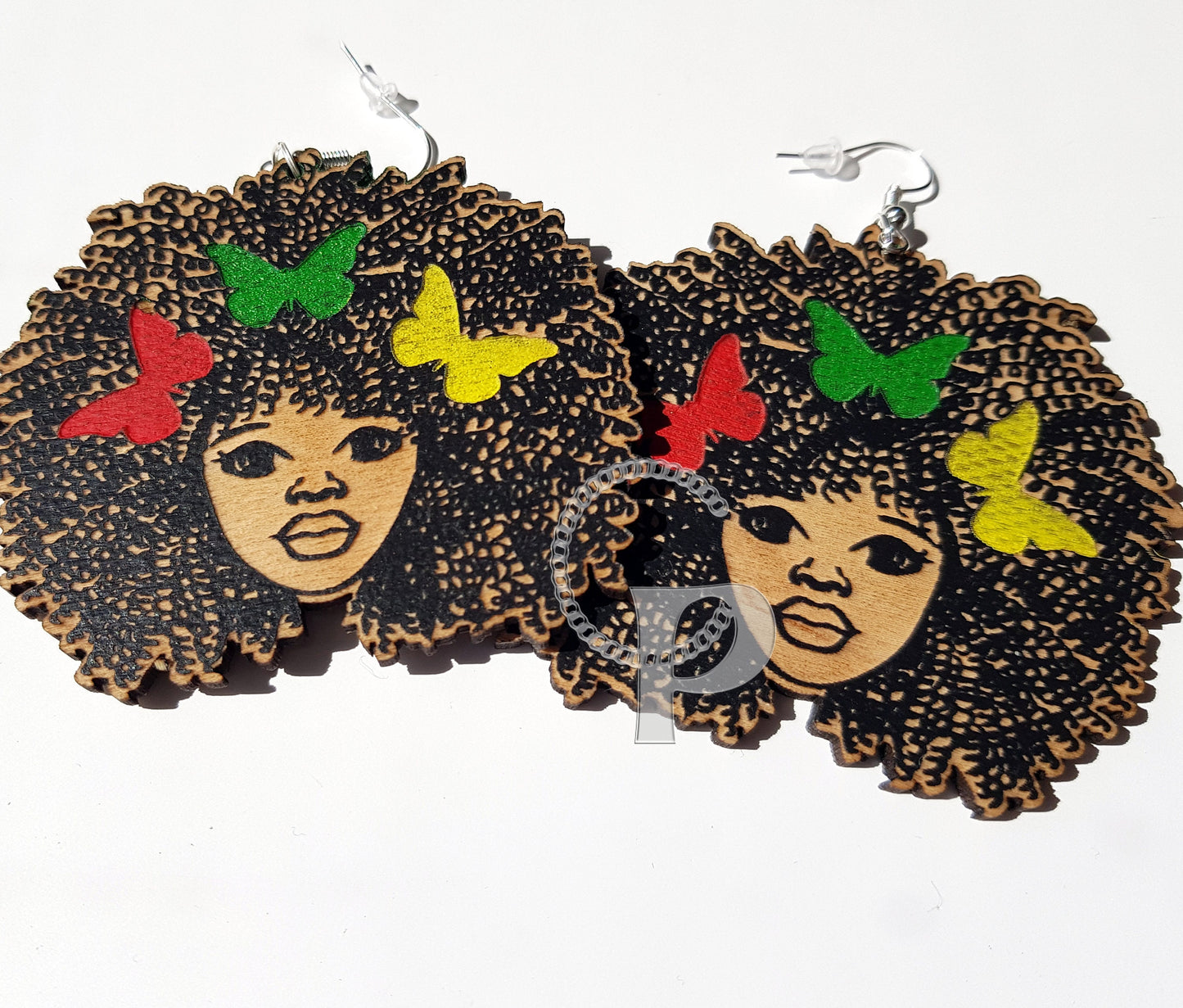 African earrings Afro woman with Juneteenth colors butterflies natural hair coils