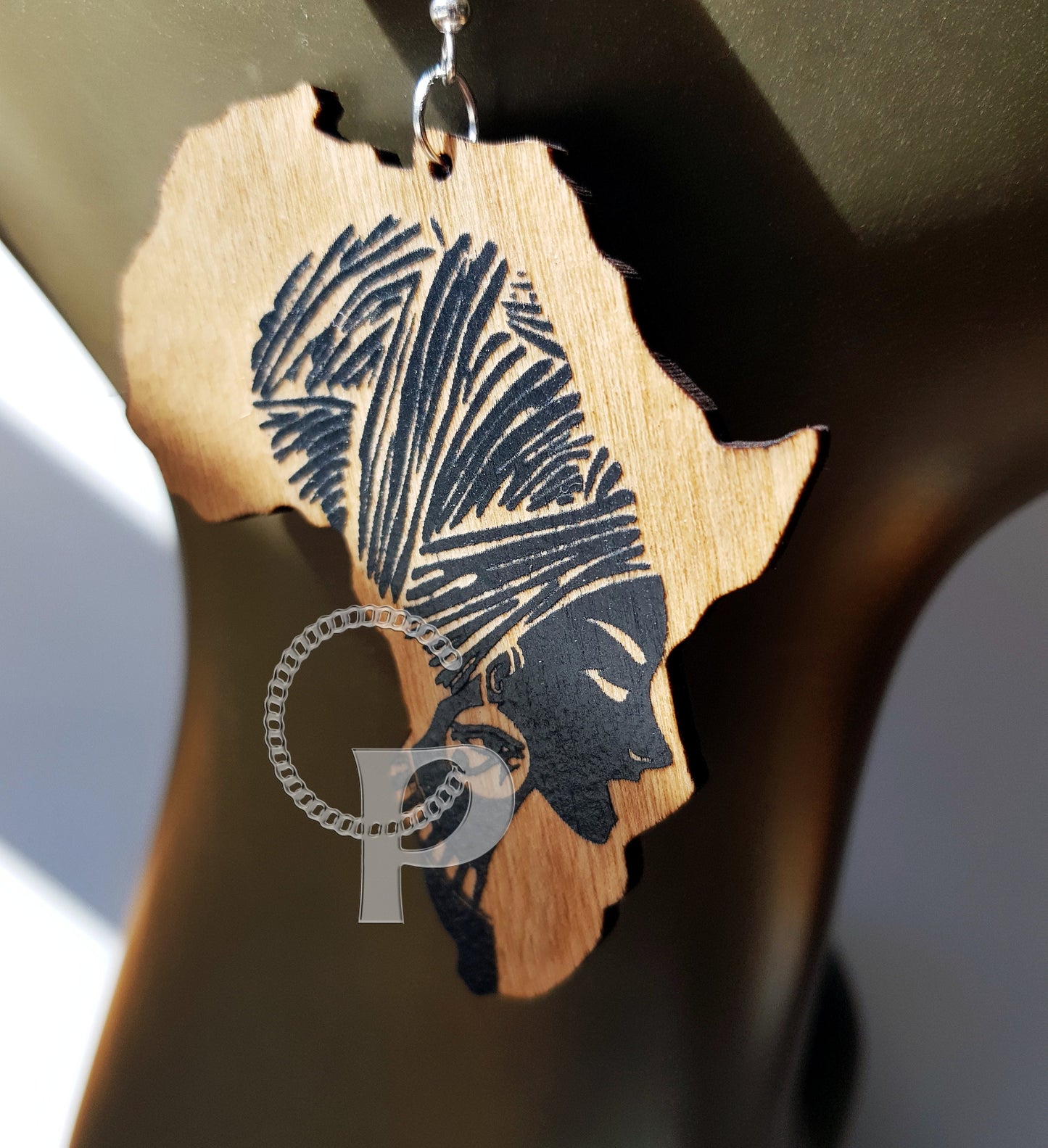 Africa earrings Ethnic woman on map of Africa wooden engraved black or brown