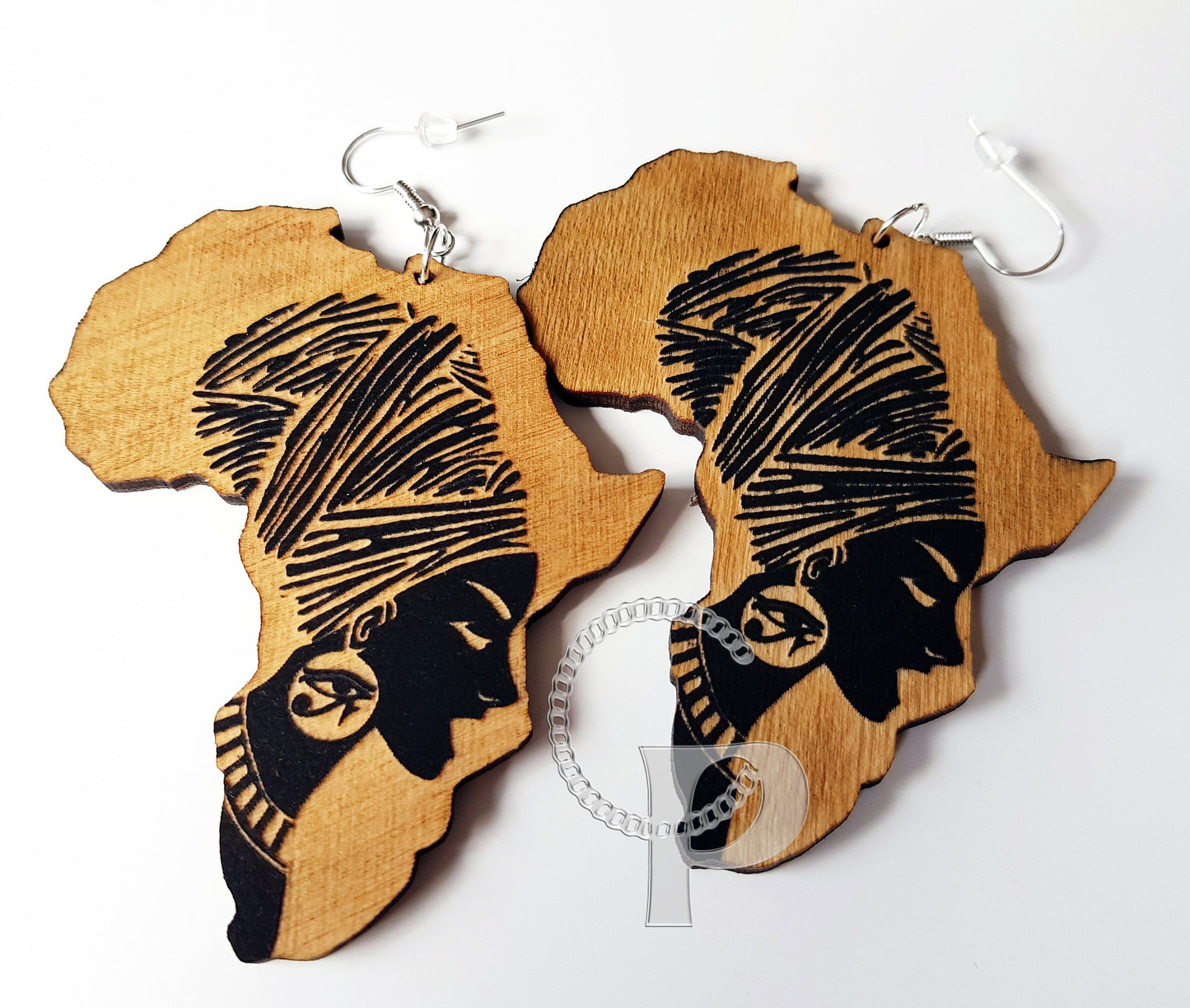 Africa earrings Ethnic woman on map of Africa wooden engraved black or brown