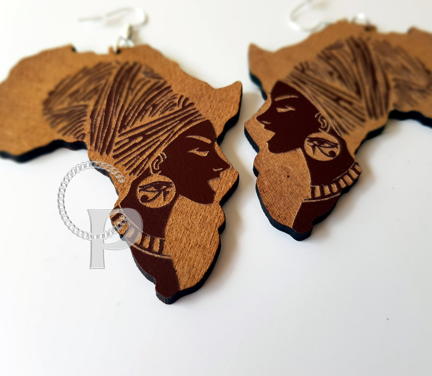 Africa earrings Ethnic woman on map of Africa wooden engraved black or brown