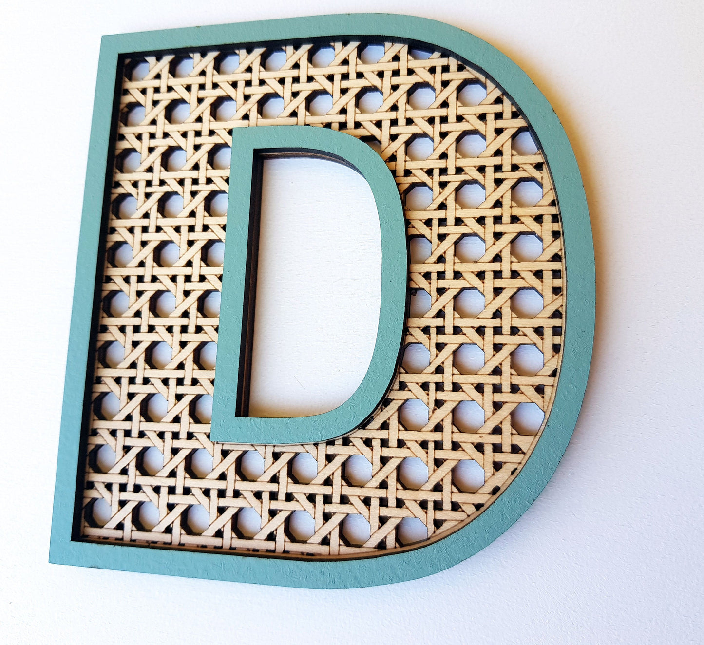 Wooden letter boho style rattan look faux cane custom name wall decor color frame