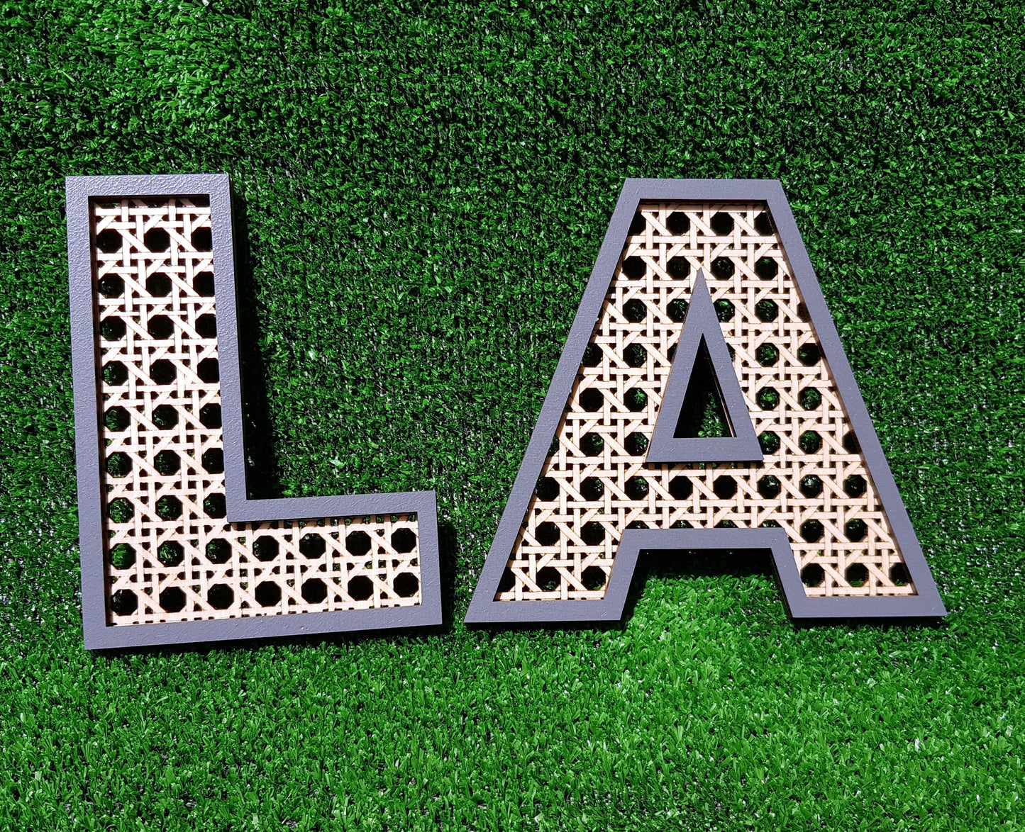 Wooden letter boho style rattan look faux cane custom name wall decor color frame