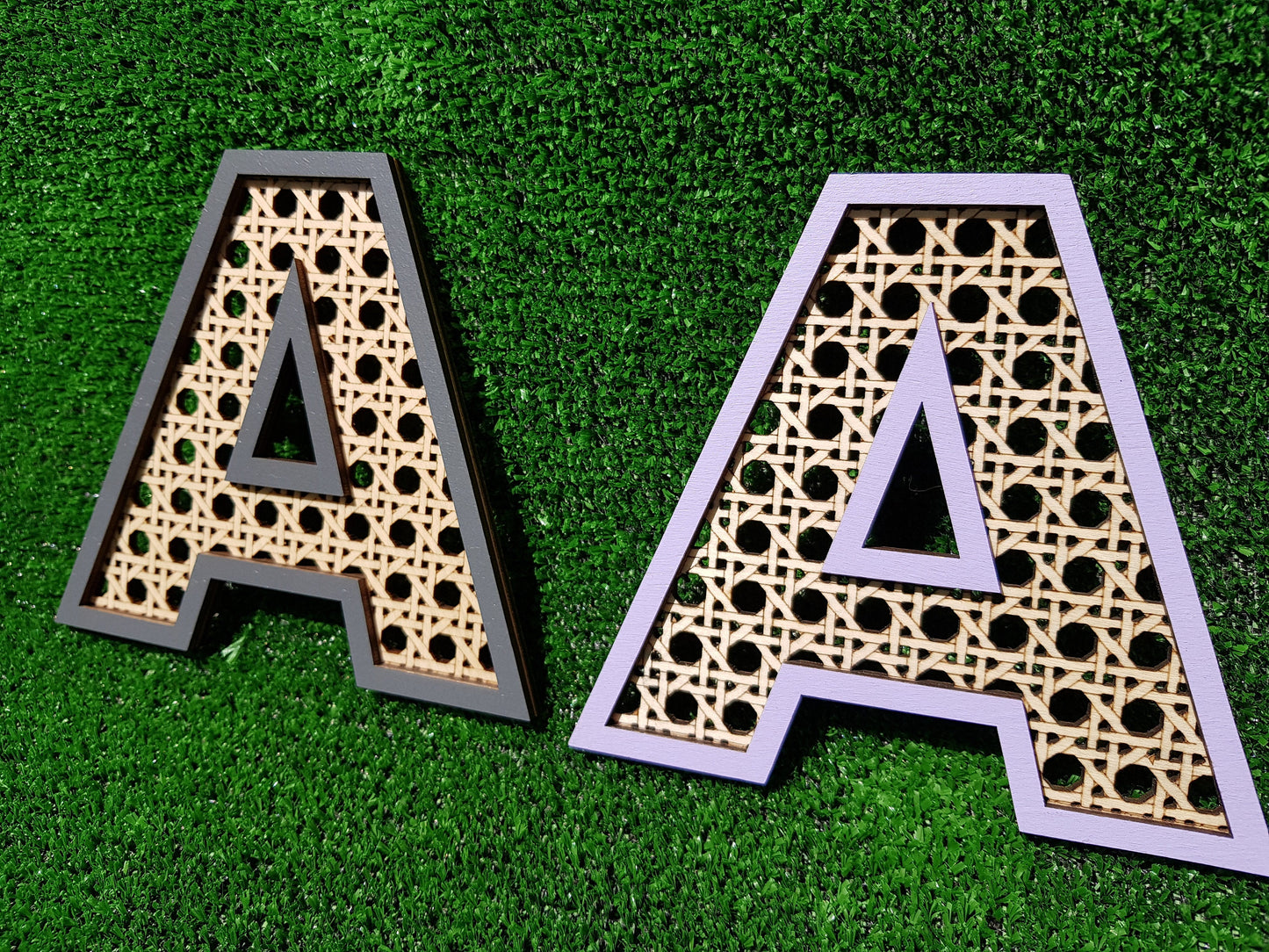 Wooden letter boho style rattan look faux cane custom name wall decor color frame