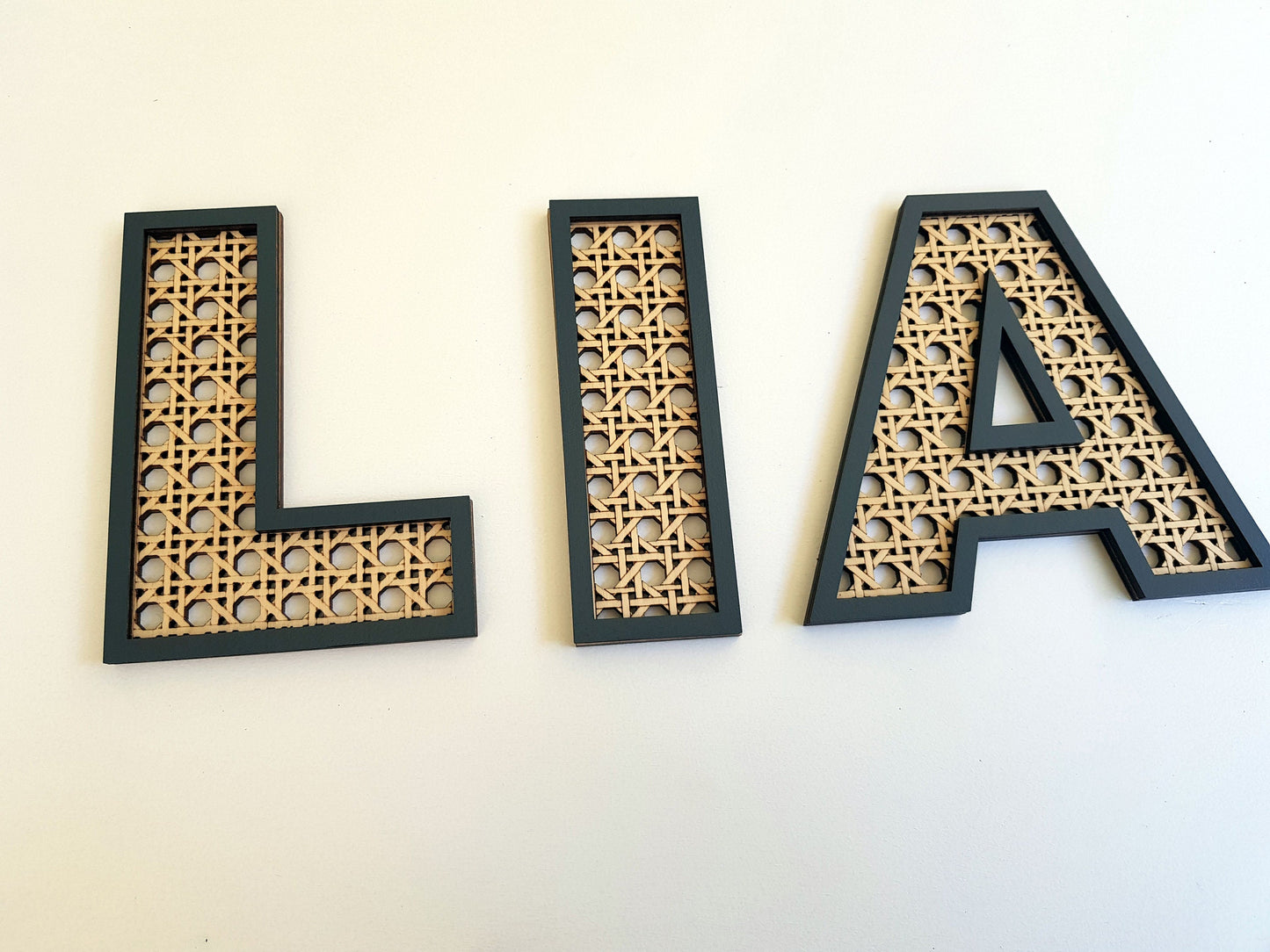 Wooden letter boho style rattan look faux cane custom name wall decor color frame