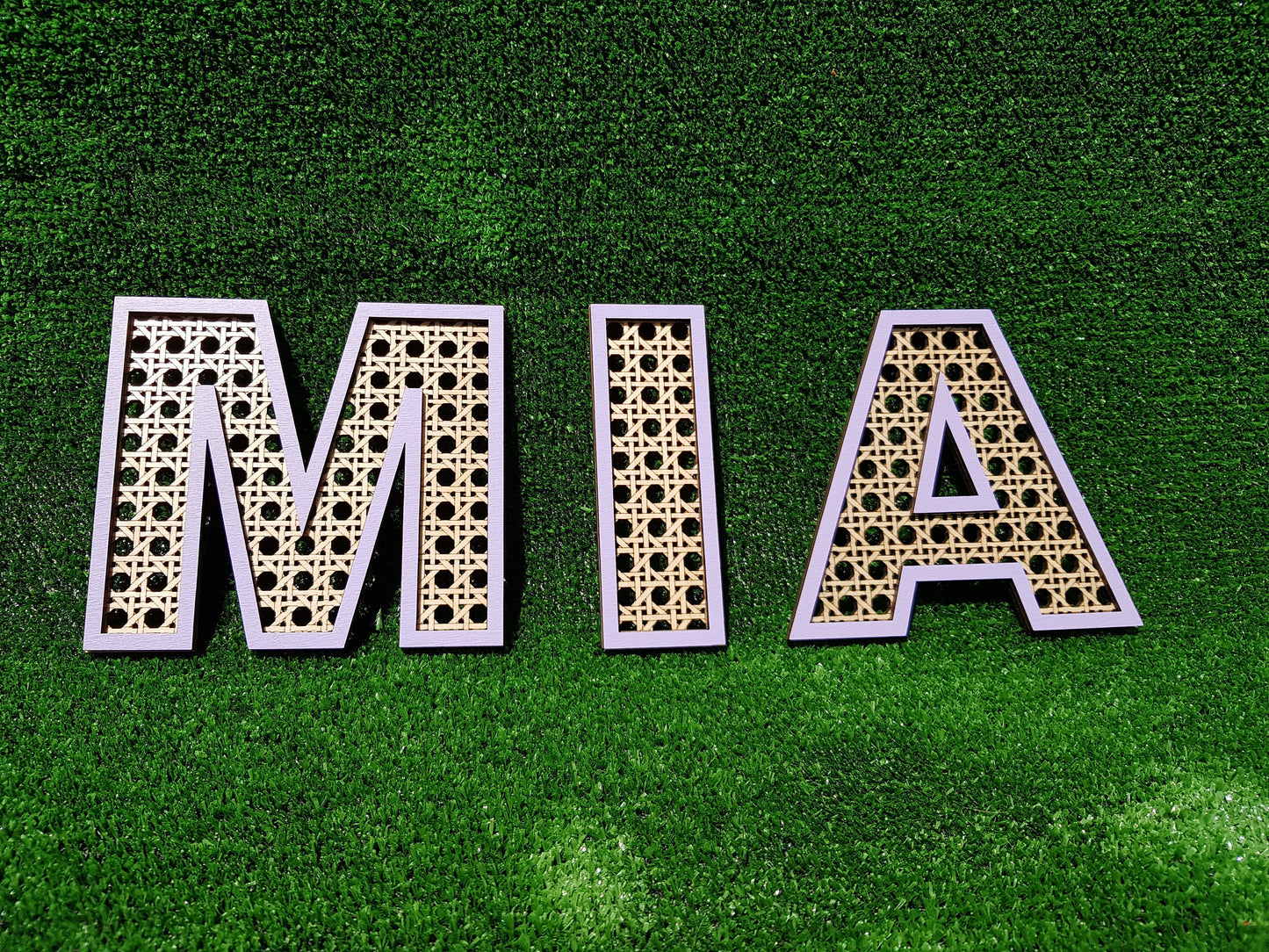 Wooden letter boho style rattan look faux cane custom name wall decor color frame