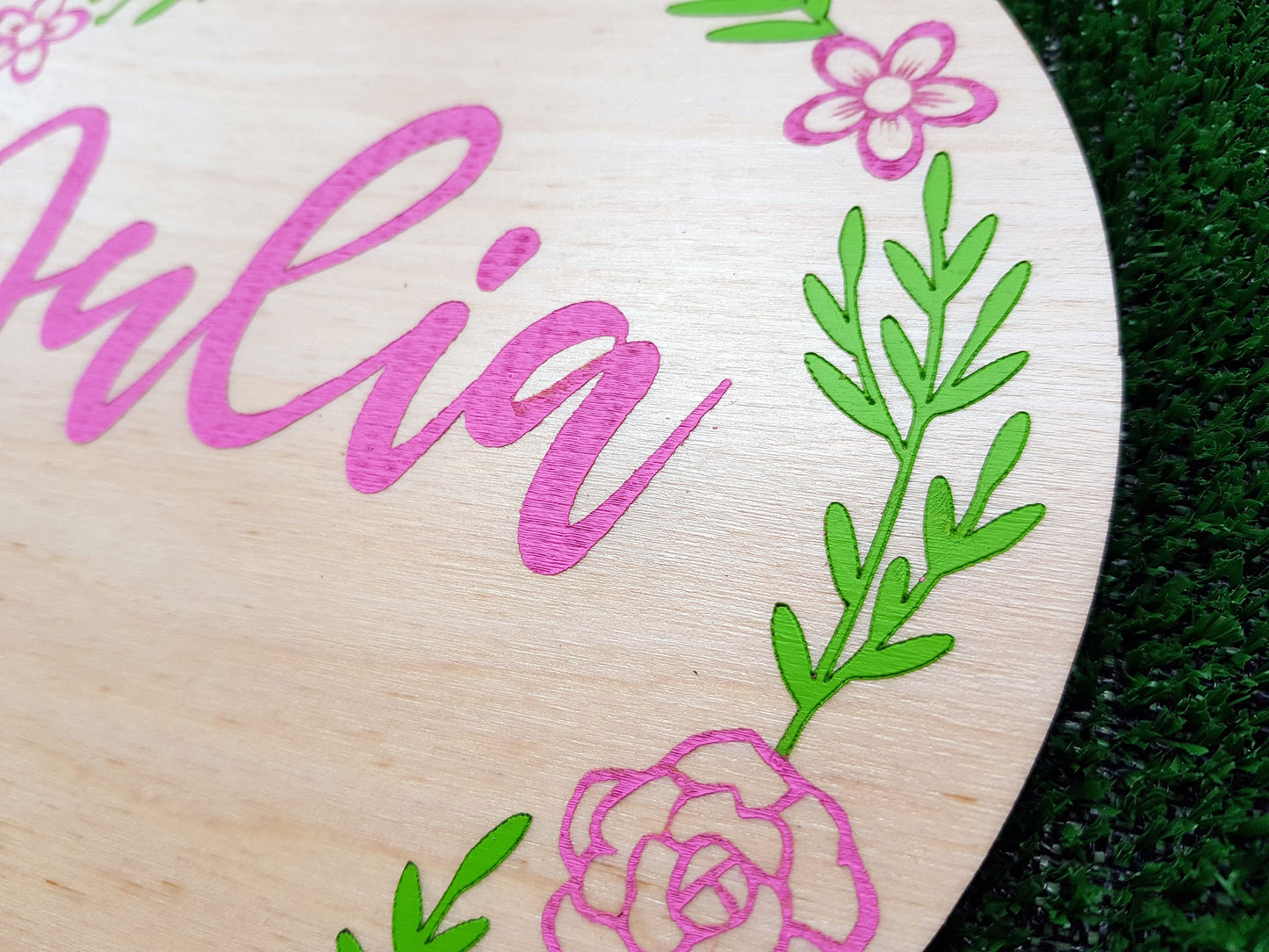 Baby girl announcement sign wooden name sign round wood hand painted flower wreath boho nursery decor