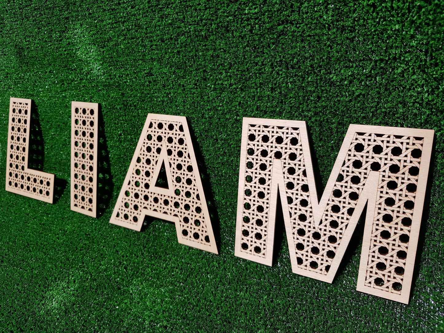 Wooden letter boho style rattan look cane like custom name wall decor