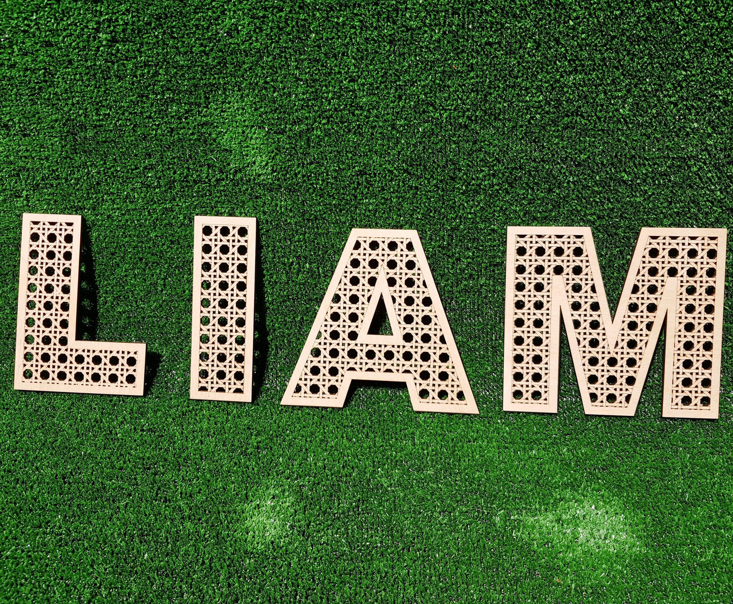 Wooden letter boho style rattan look cane like custom name wall decor