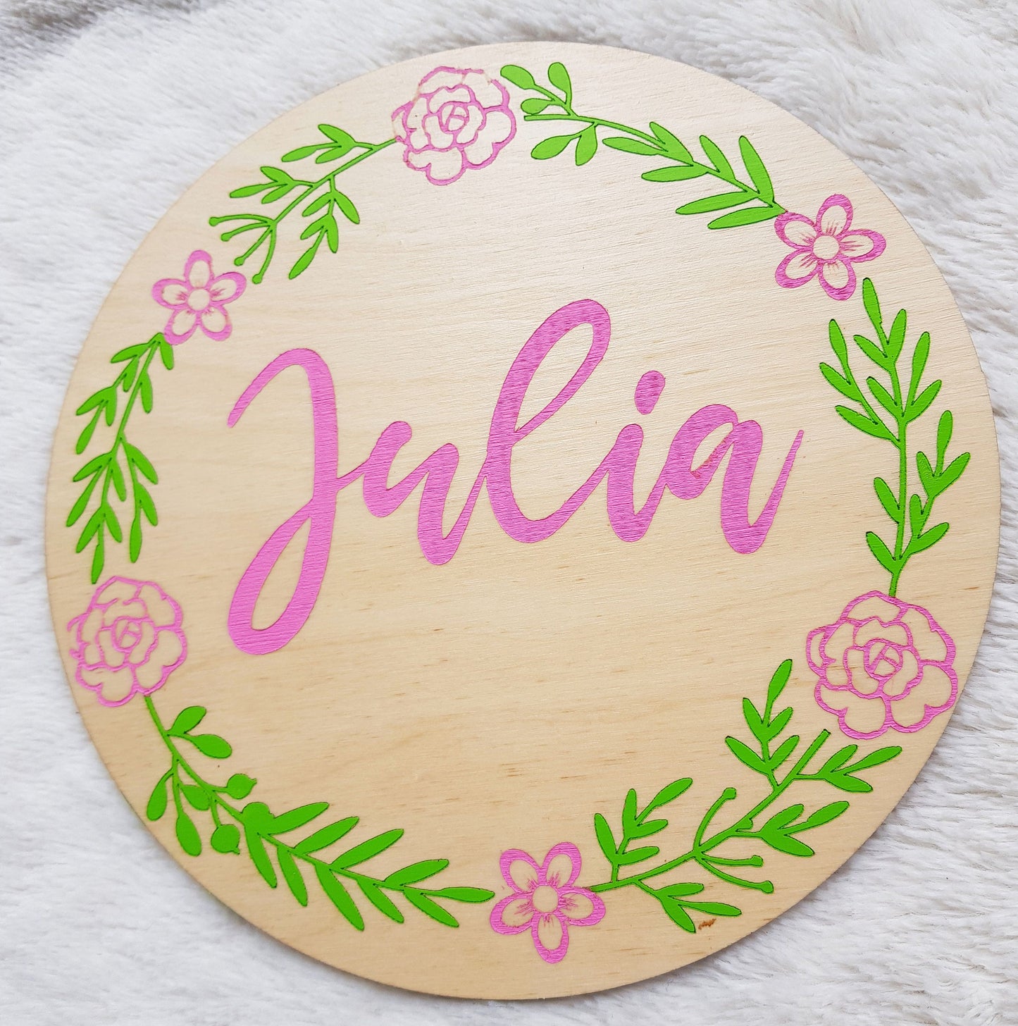 Baby girl announcement sign wooden name sign round wood hand painted flower wreath boho nursery decor