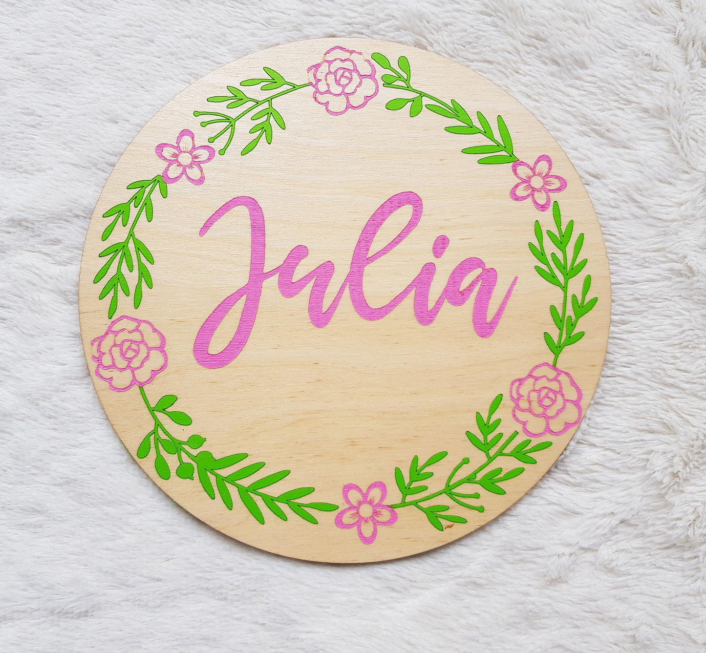Baby girl announcement sign wooden name sign round wood hand painted flower wreath boho nursery decor