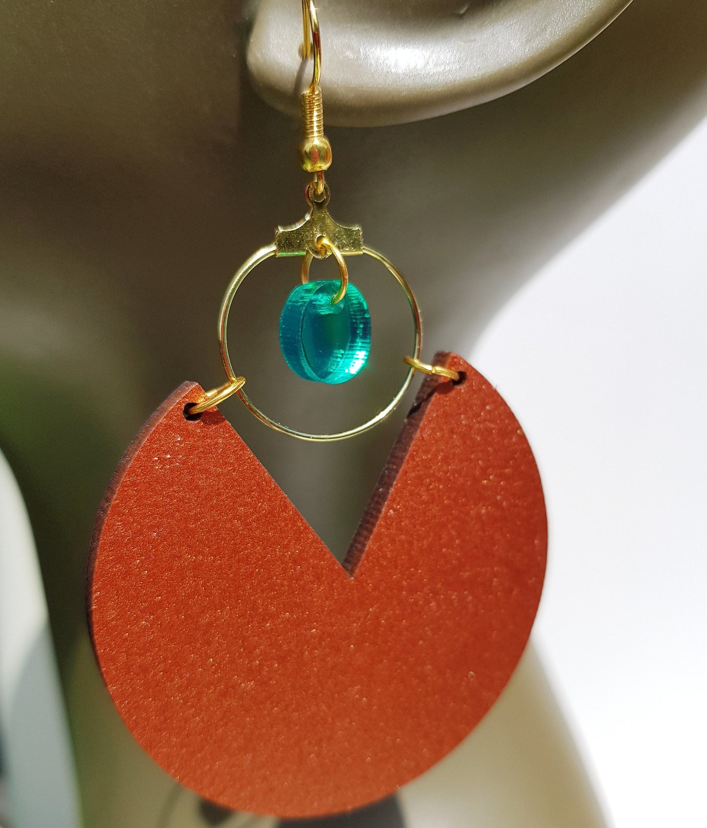 Ethnic wooden earrings painted with green acrylic mirror geometric African style lightweight big tribal earrings
