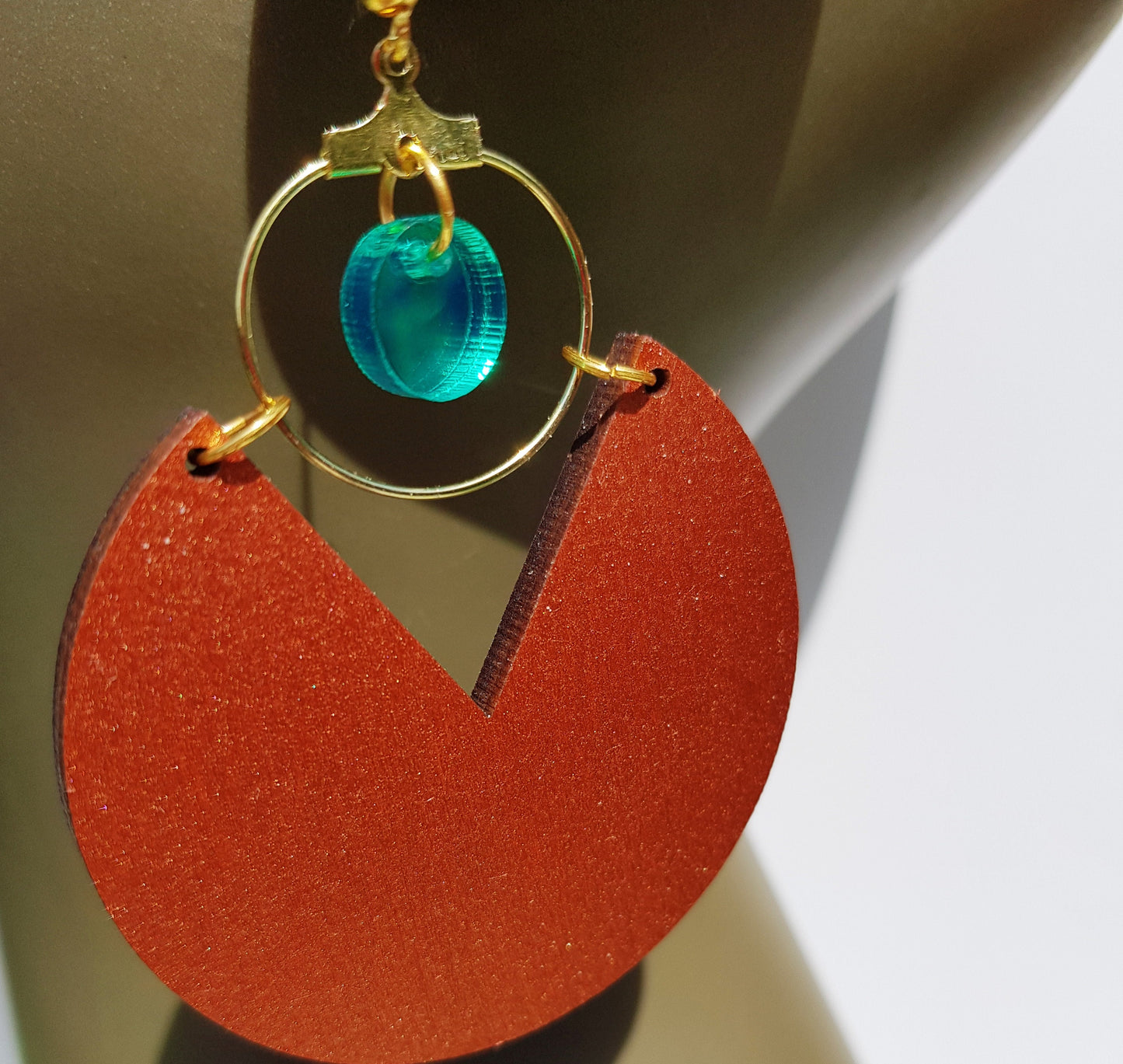 Ethnic wooden earrings painted with green acrylic mirror geometric African style lightweight big tribal earrings