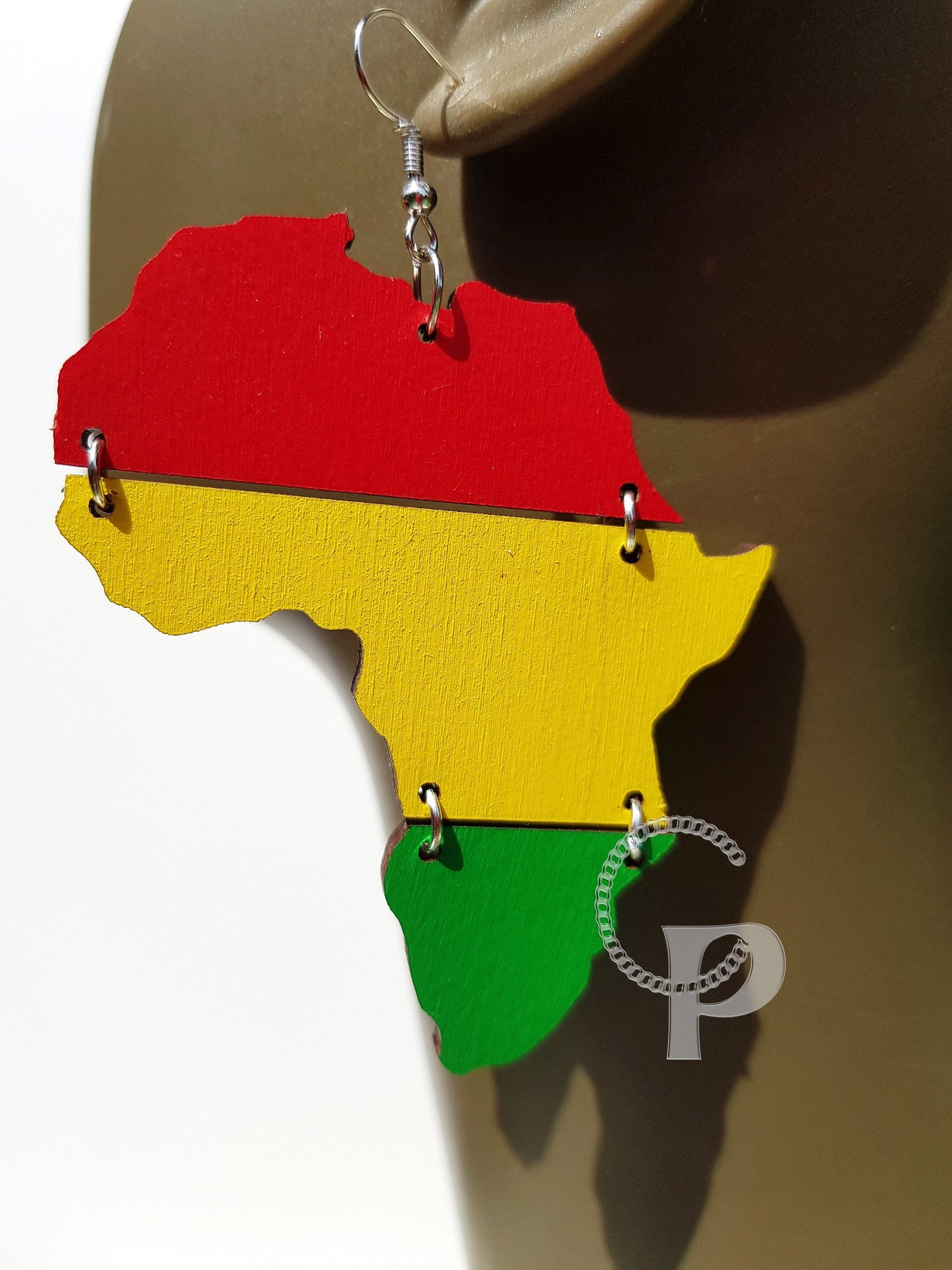 African earrings Africa map Pan African colors 3 inches red, yellow, green