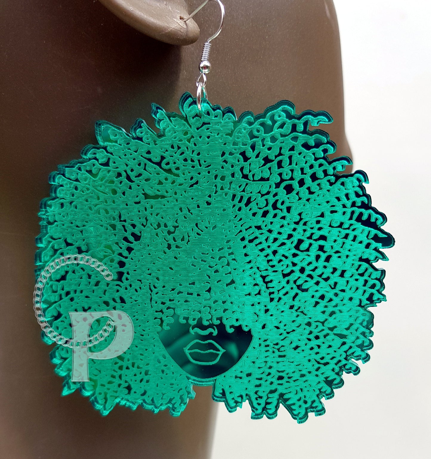 African earrings mirror Afro silhouette woman acrylic engraved natural hair coils pink, blue, green
