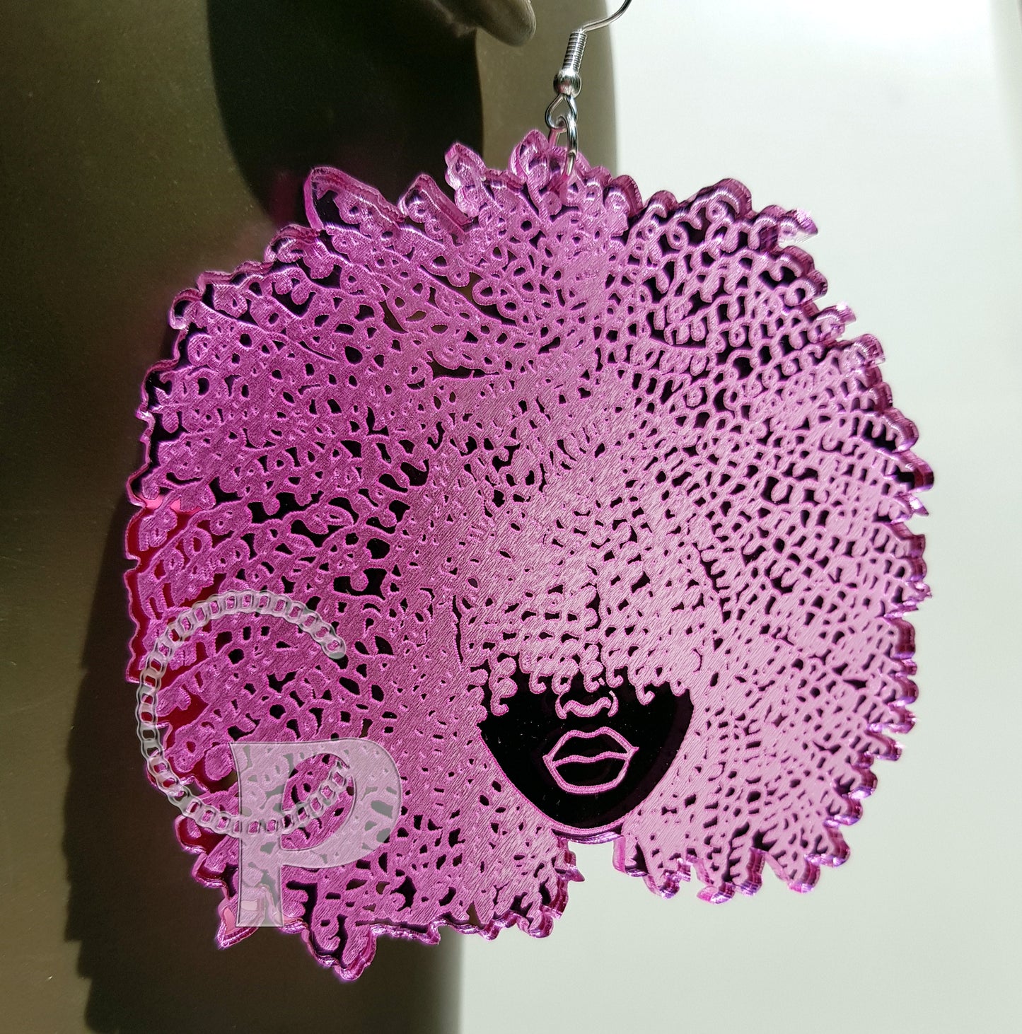 African earrings mirror Afro silhouette woman acrylic engraved natural hair coils pink, blue, green