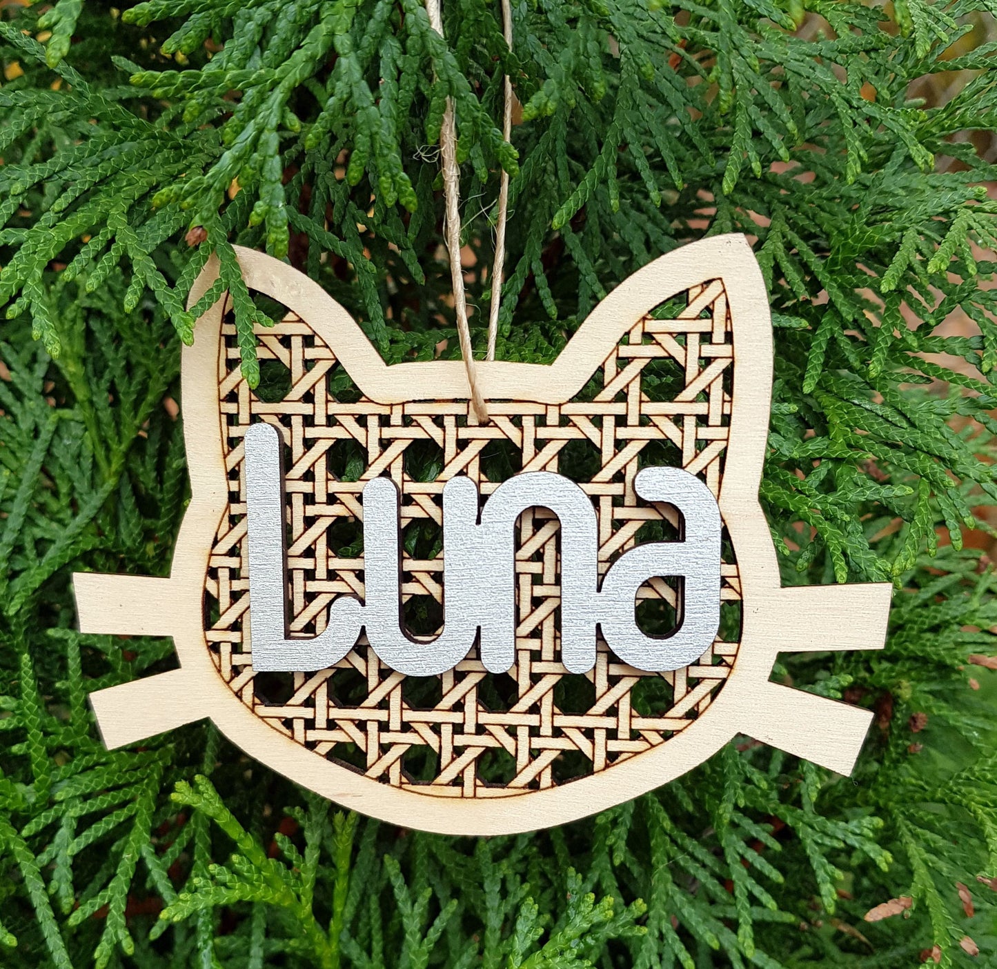 Cat personalized wooden bauble any name laser cut first Christmas ornament gift for pet rattan style