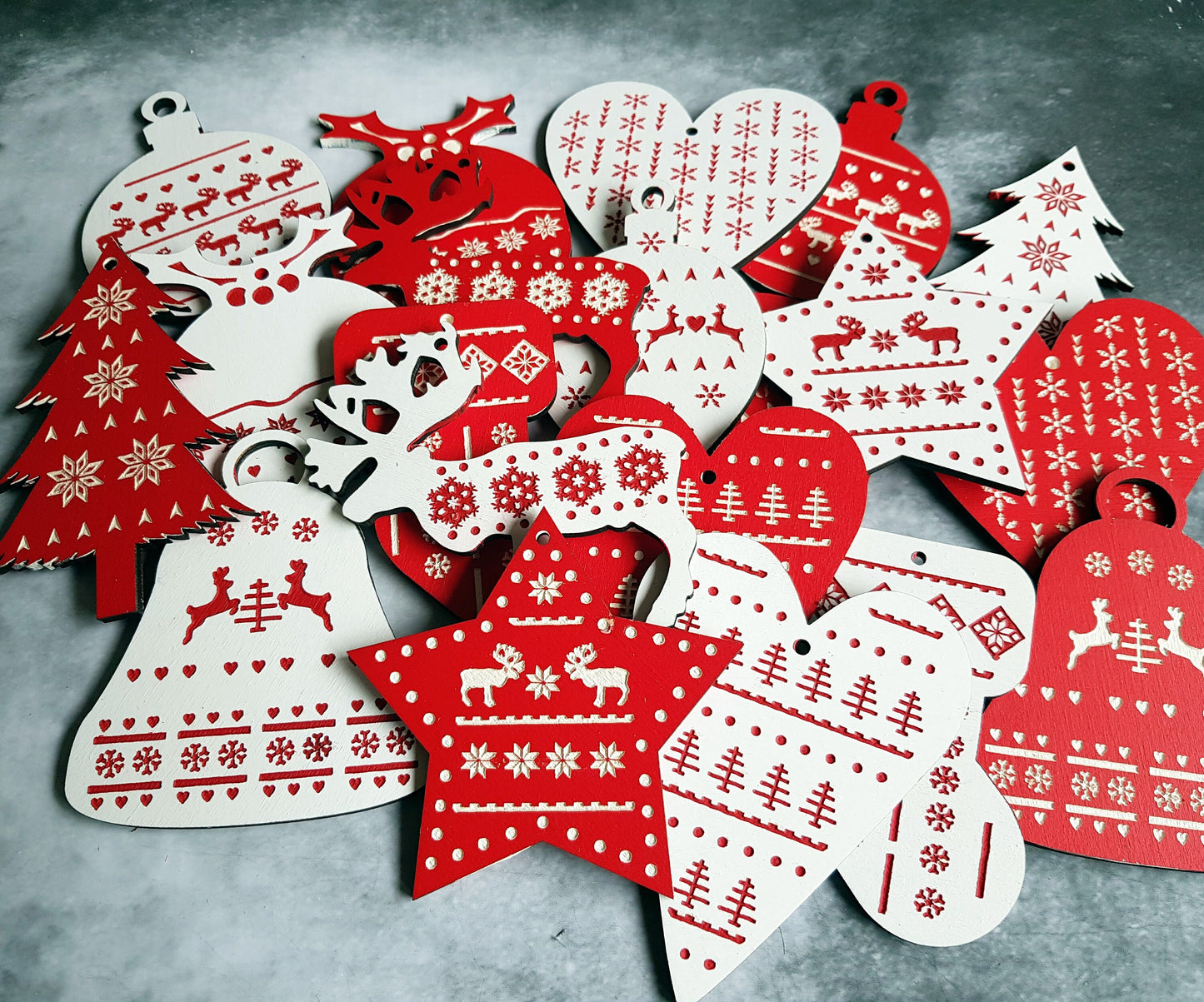 Wooden Christmas ornaments Nordic Scandi pattern hand painted wood crafts decoration 10 pieces wood laser cut