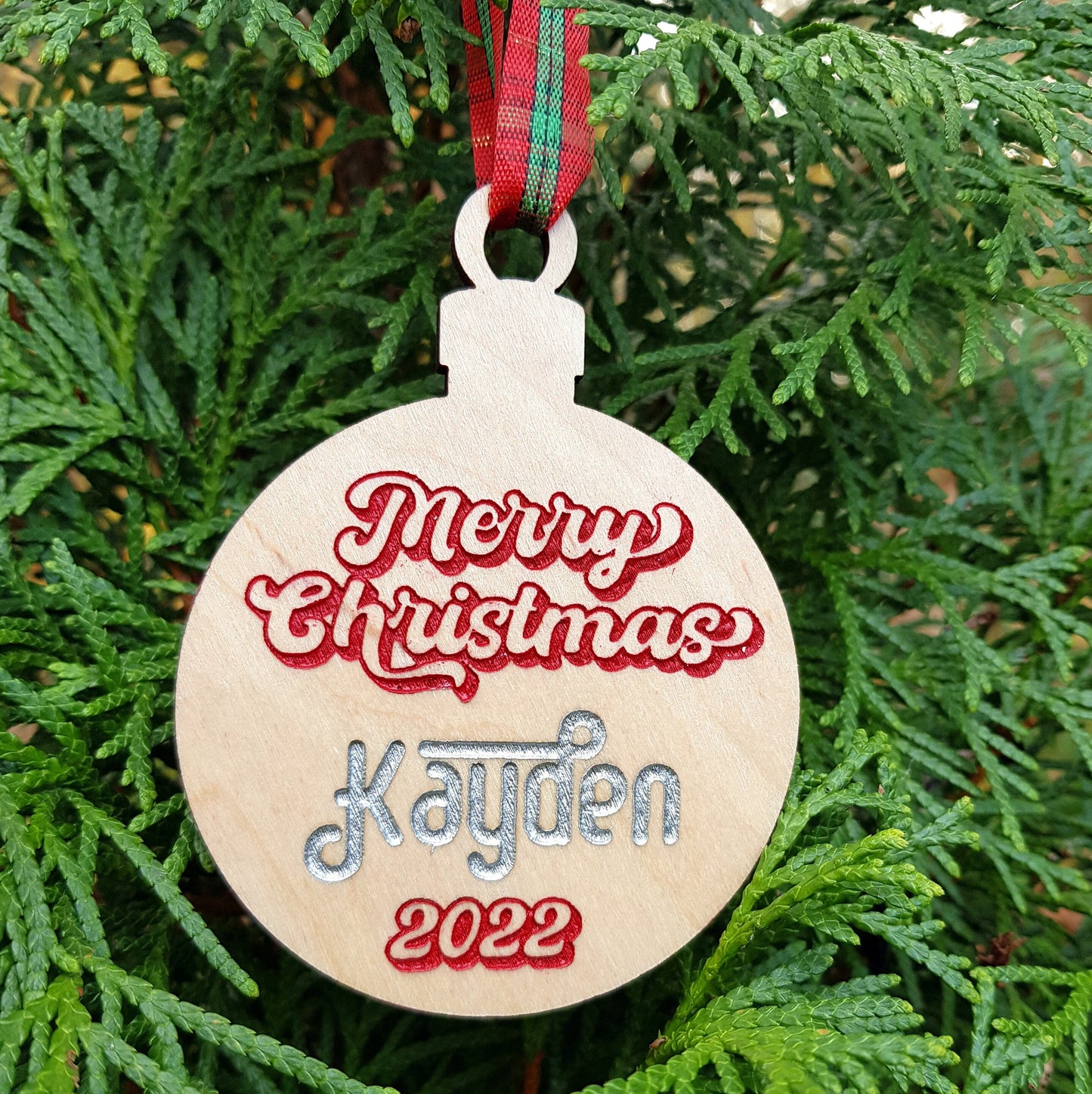 Personalized wooden bauble hand painted any name laser cut first Christmas ornament gift