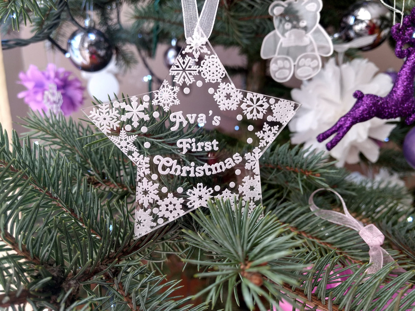 First Christmas ornament personalized acrylic bauble with custom message star, heart, snowflakes