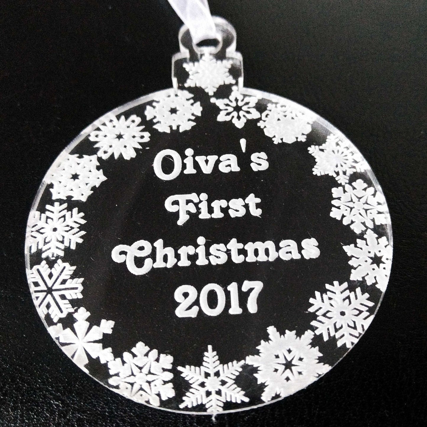 First Christmas ornament personalized acrylic bauble with custom message star, heart, snowflakes