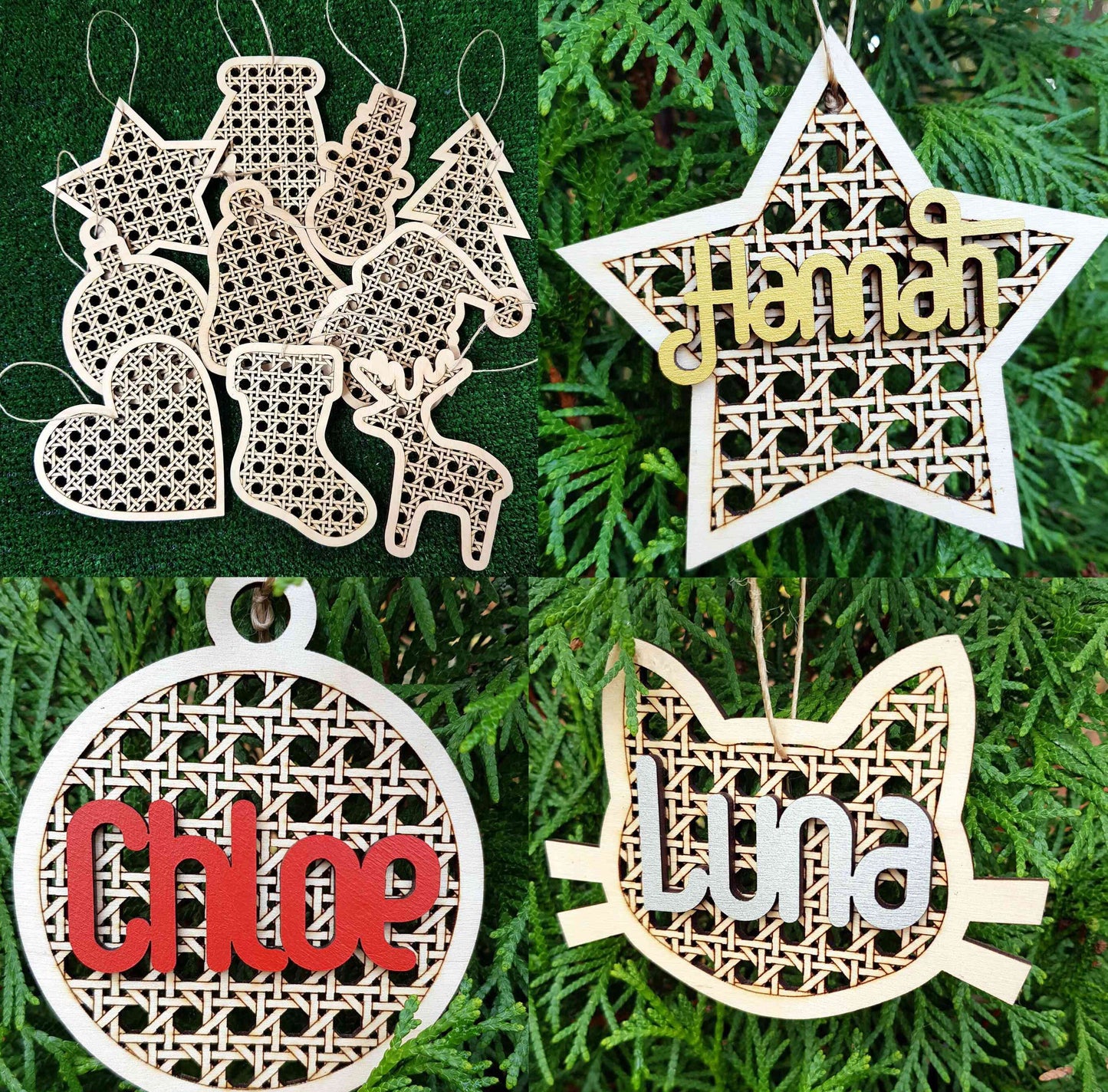 Personalized wooden heart in rattan style any name laser cut first Christmas ornament gift
