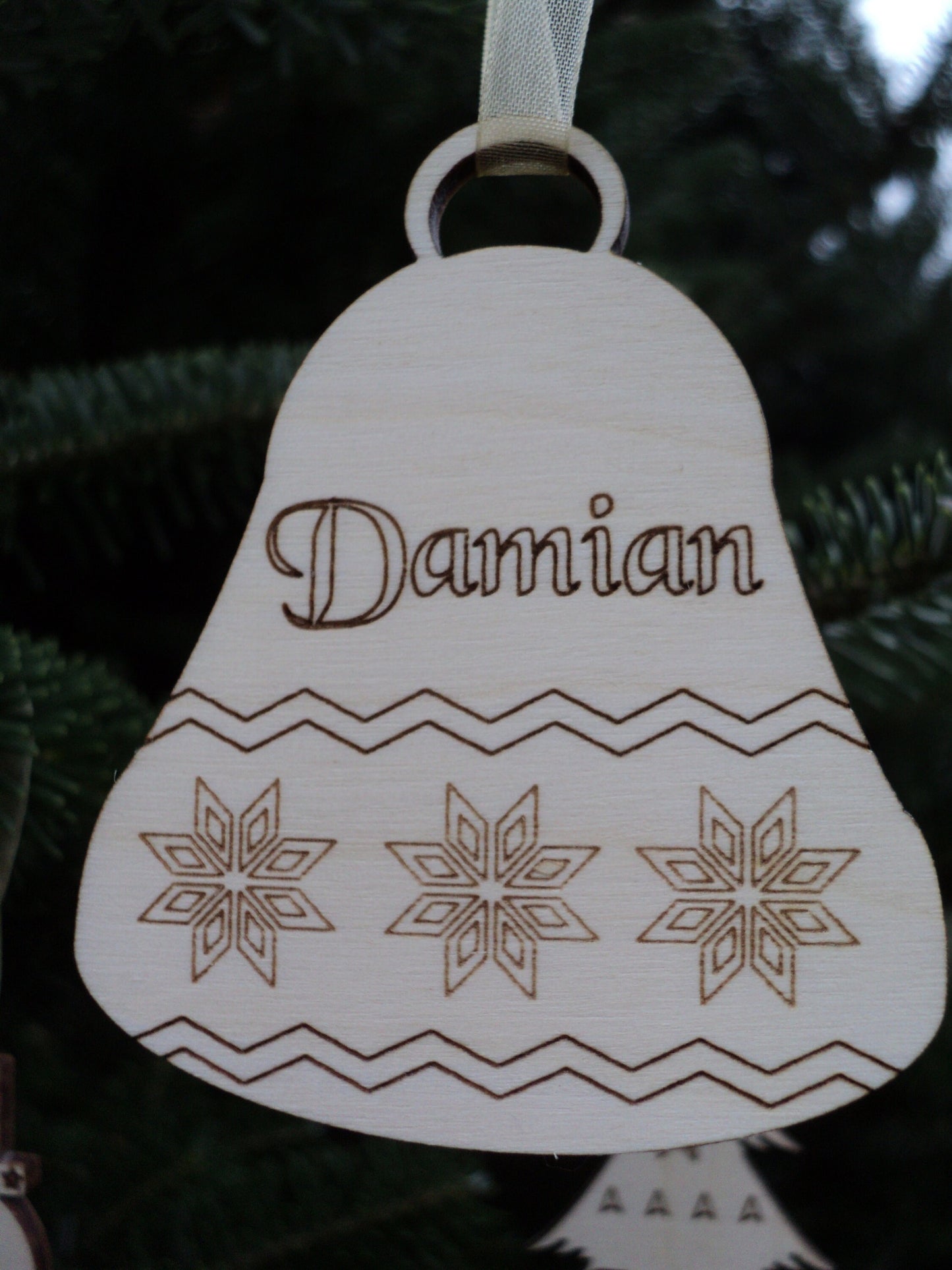 Wooden Christmas ornaments with names Nordic Scandi simple natural wood 10 pieces engraved