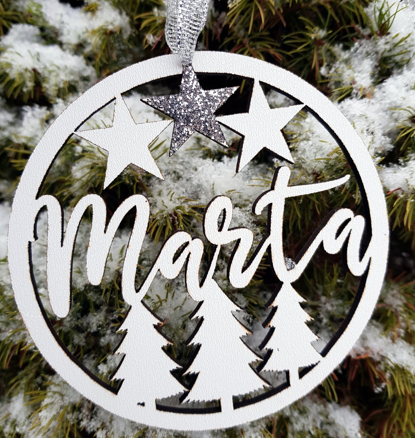 Personalized wooden bauble with any name laser cut first Christmas ornament gift pastel colors